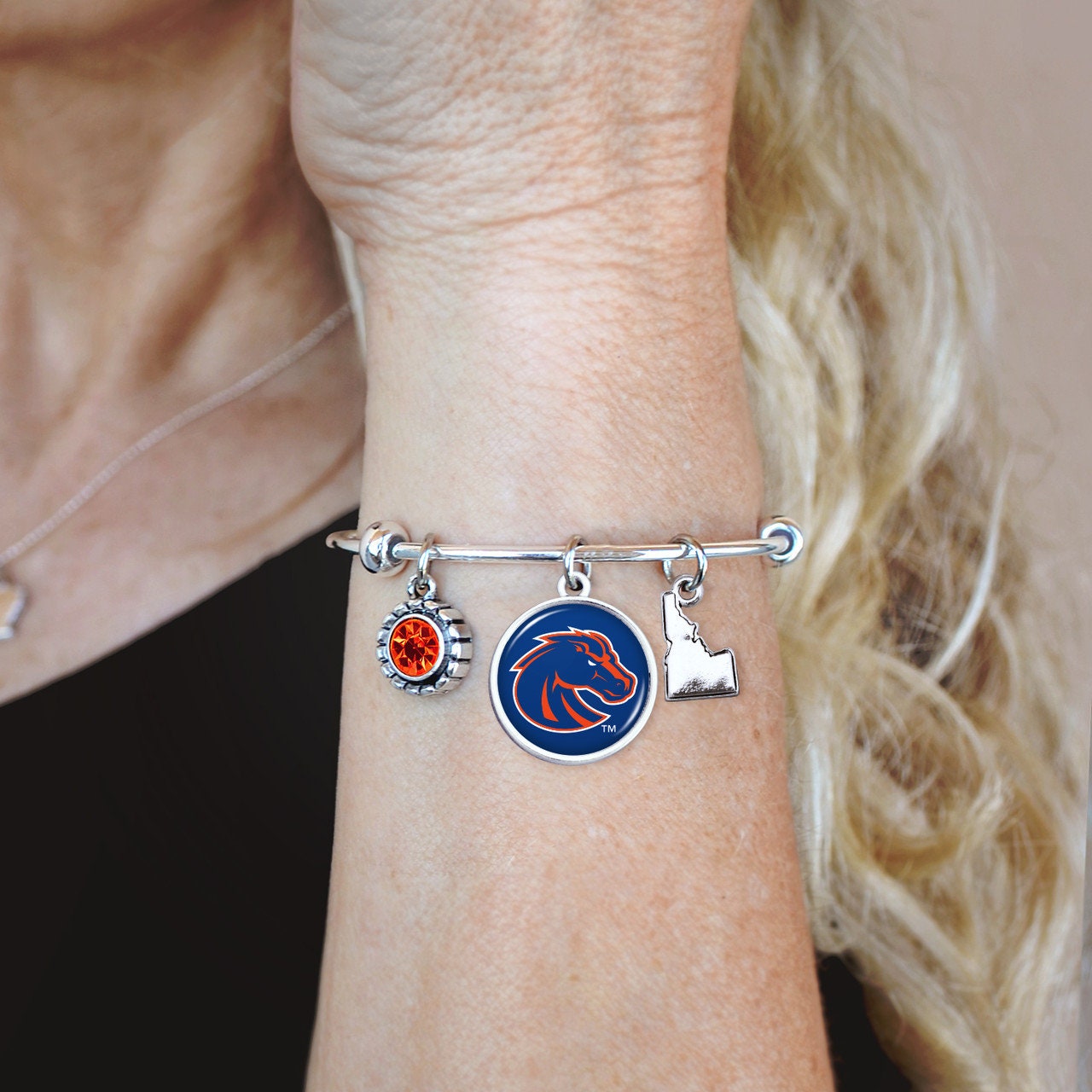Officially Licensed BOISE STATE BRONCOS Bracelet - Triple Charm Bracelet with Crystal Idaho State Pewter Charms Sterling Plated