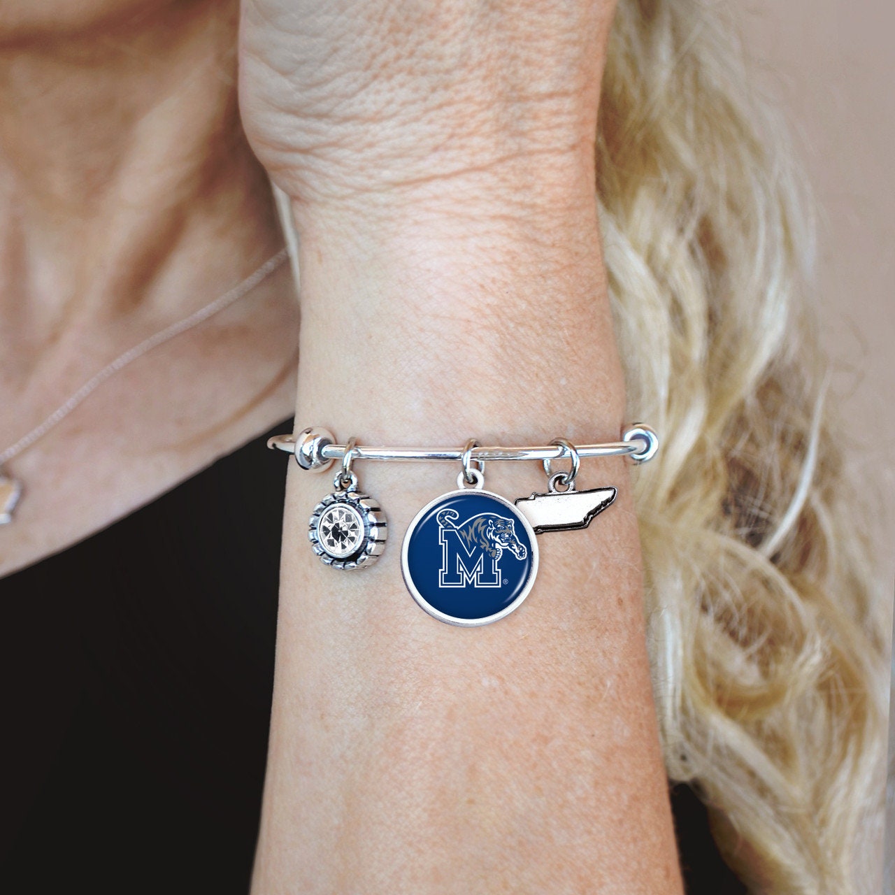 Officially Licensed MEMPHIS TIGERS Bracelet - Triple Charm Bracelet with Crystal Tennessee State Pewter Charms Sterling Plated