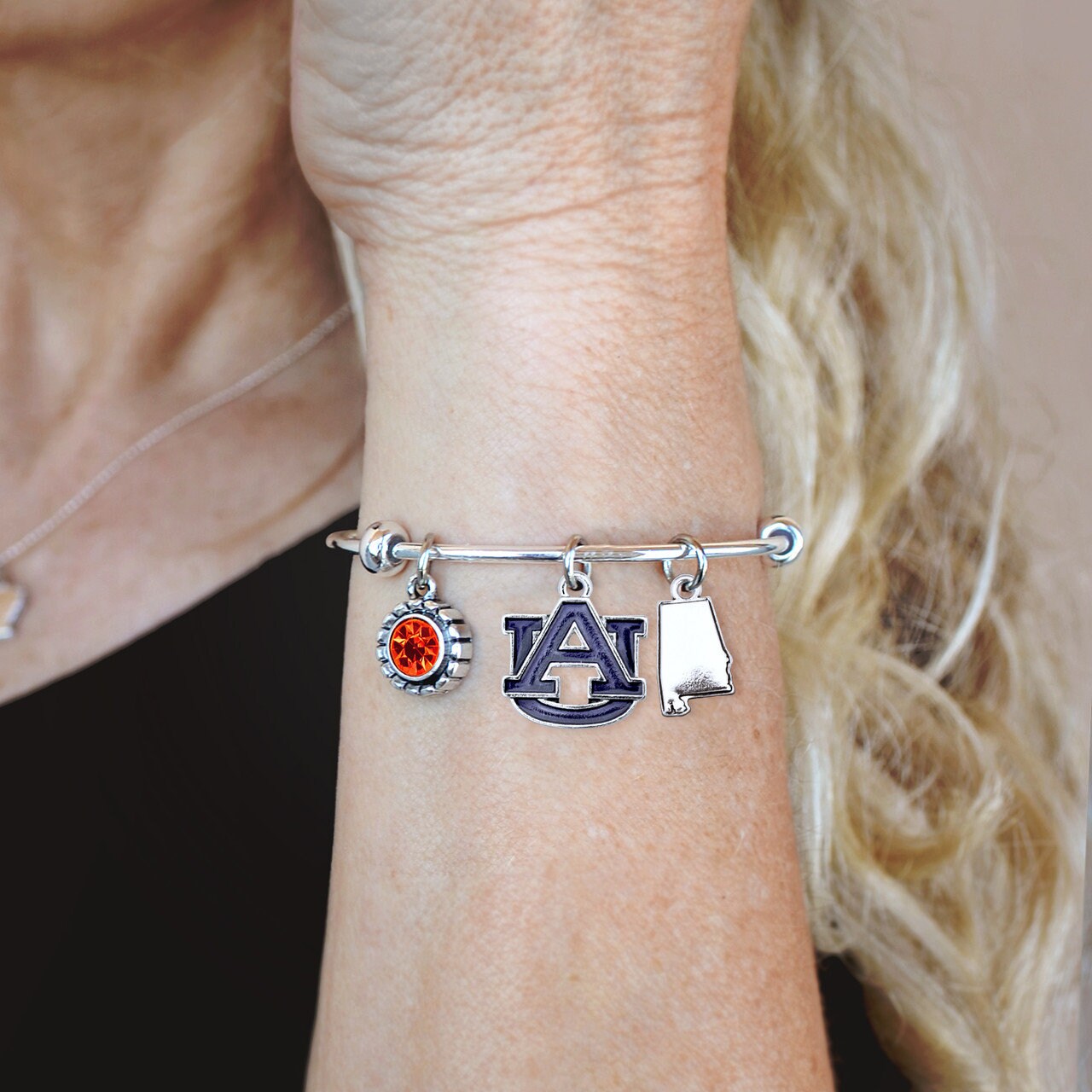 Officially Licensed AUBURN TIGERS Bracelet - Triple Charm Bracelet with Crystal Alabama State Pewter Charms Sterling Plated