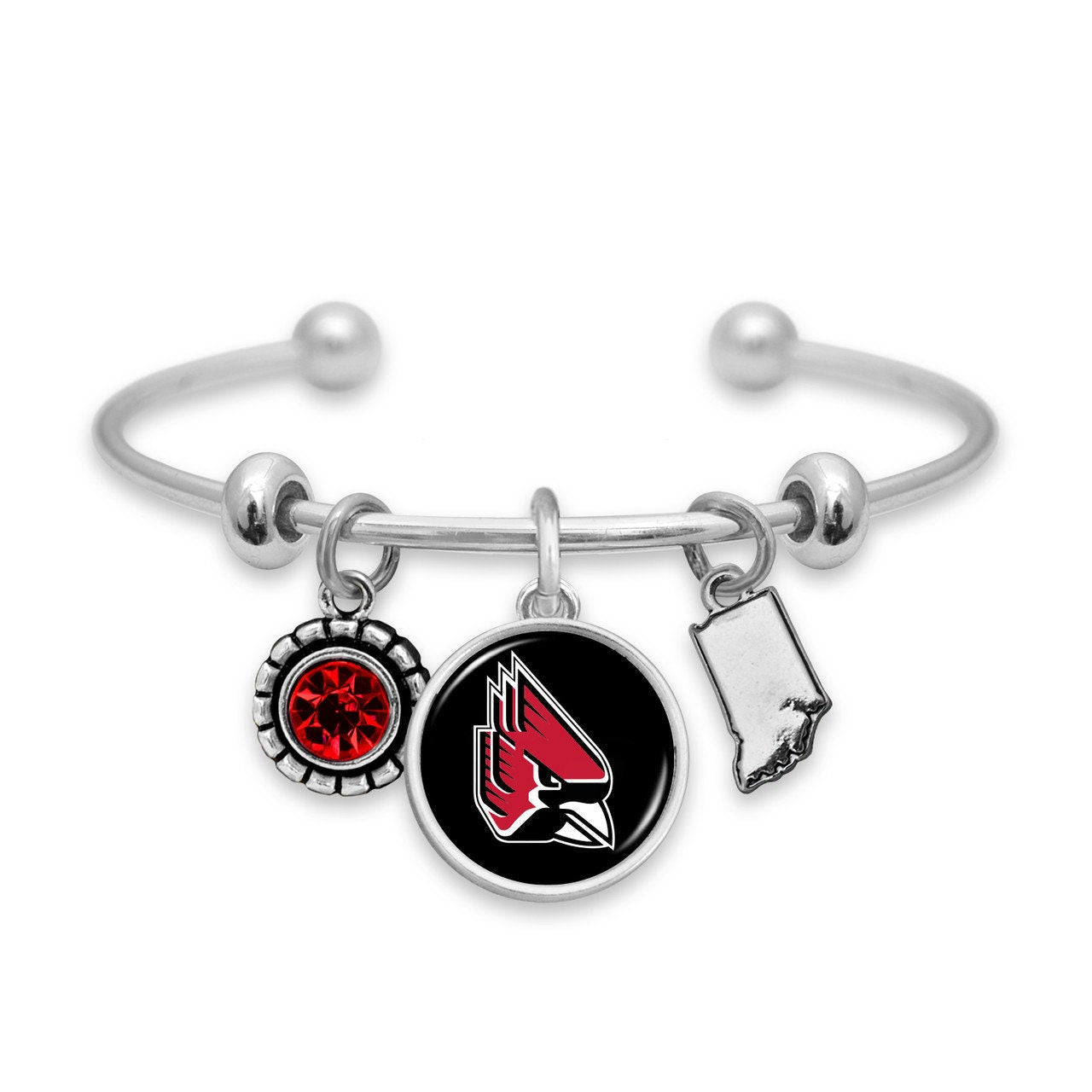 Officially Licensed BALL STATE CARDINALS Bracelet - Triple Charm Bracelet with Crystal Indiana State Pewter Charms Sterling Plated
