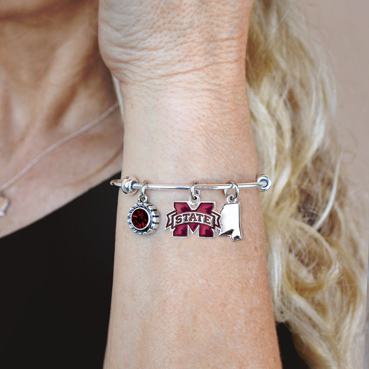 Officially Licensed MISSISSIPPI STATE BULLDOGS Bracelet - Triple Charm Bracelet with Crystal Mississippi State Pewter Charms Sterling Plated
