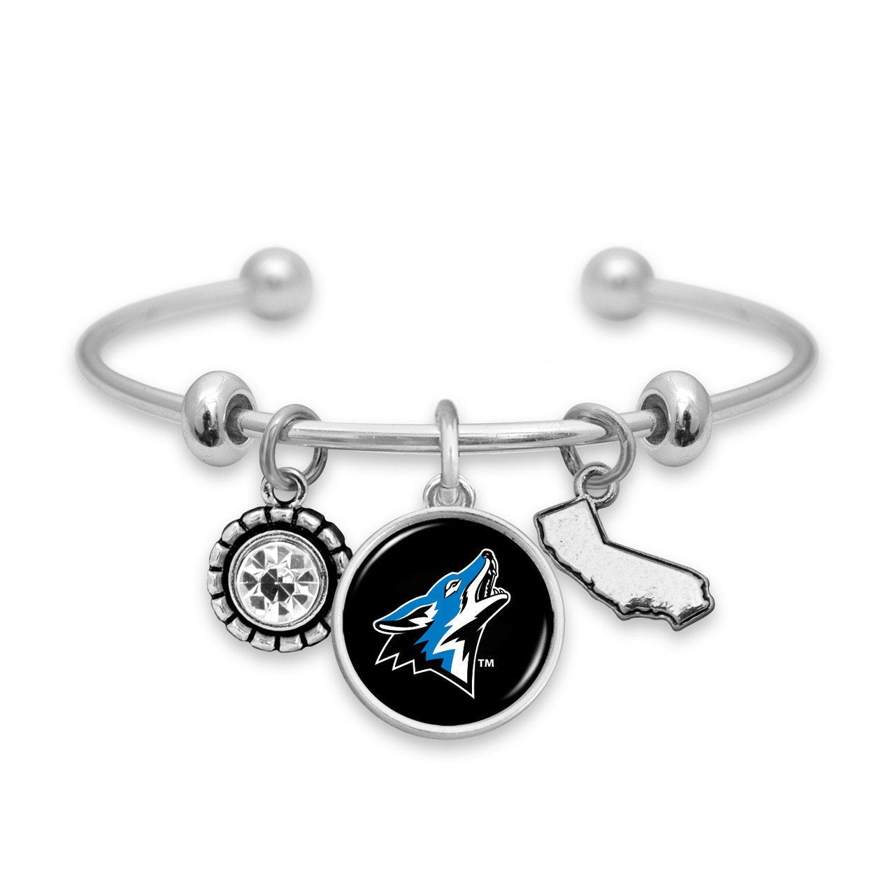Officially Licensed SAN BERNARDINO COYOTES Bracelet - Triple Charm Bracelet with Crystal California State Pewter Charms Sterling Plated