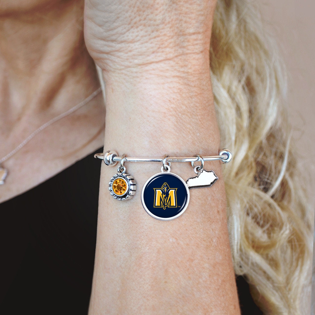 Officially Licensed MURRAY STATE RACERS Bracelet - Triple Charm Bracelet with Crystal Indiana State Pewter Charms Sterling Plated