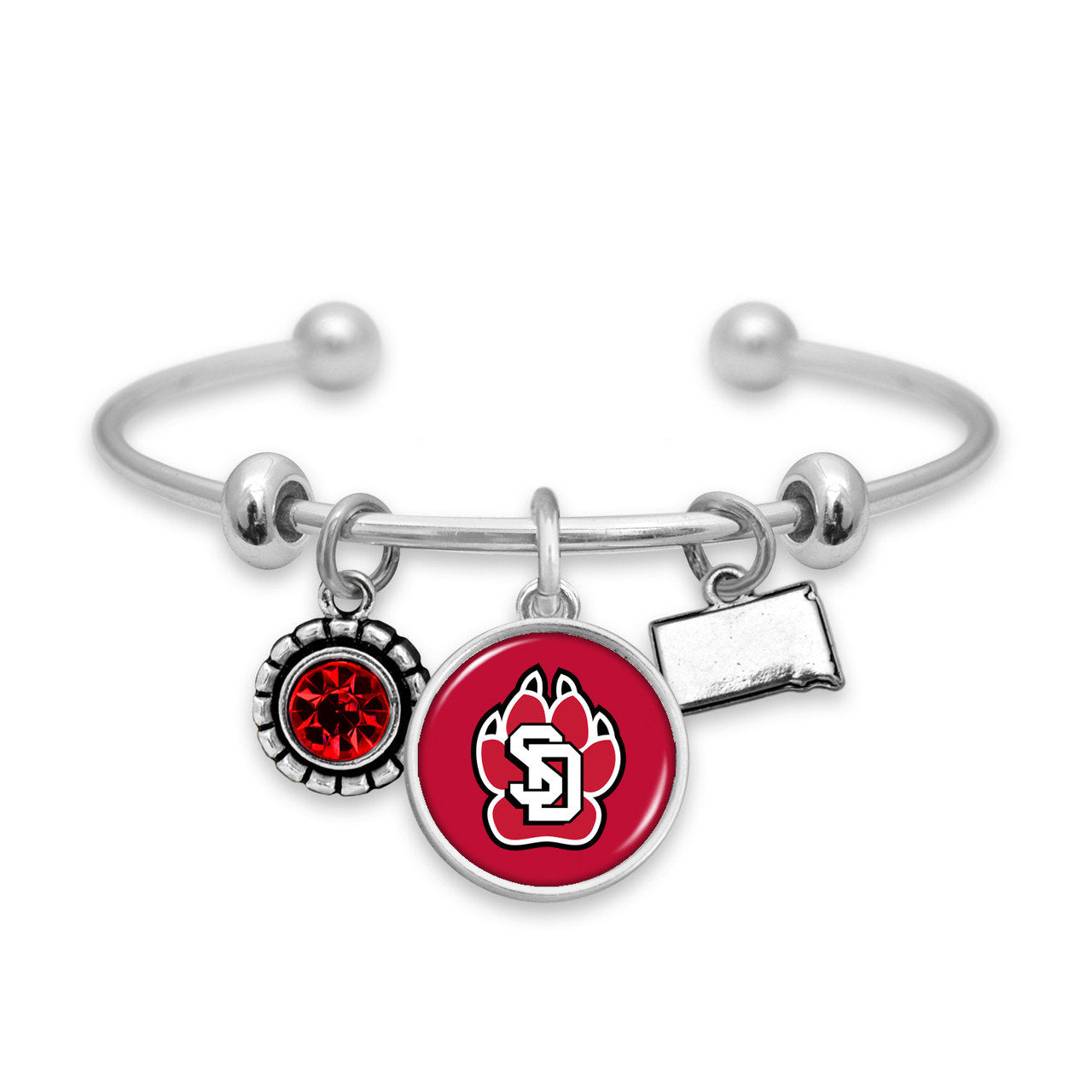 Officially Licensed SOUTH DAKOTA COYOTES Bracelet - Triple Charm Bracelet with Crystal South Dakota State Pewter Charms Sterling Plated
