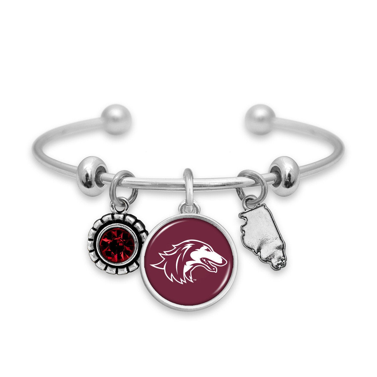 Officially Licensed SOUTHERN ILLINOIS SALUKIS Bracelet - Triple Charm Bracelet with Crystal Illinois State Pewter Charms Sterling Plated