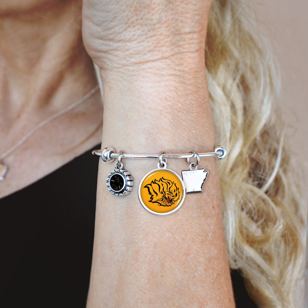 Officially Licensed ARKANSAS PINE BLUFF Bracelet - Triple Charm Bracelet with Crystal Arkansas State Pewter Charms Sterling Plated