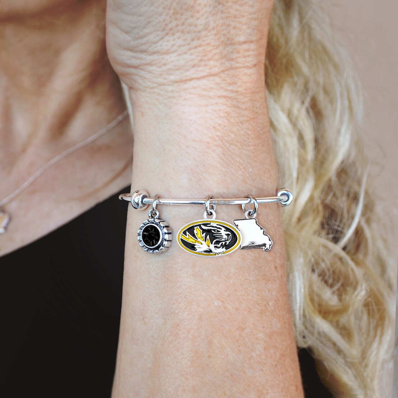 Officially Licensed MISSOURI TIGERS Bracelet - Triple Charm Bracelet with Crystal Missouri State Pewter Charms Sterling Plated
