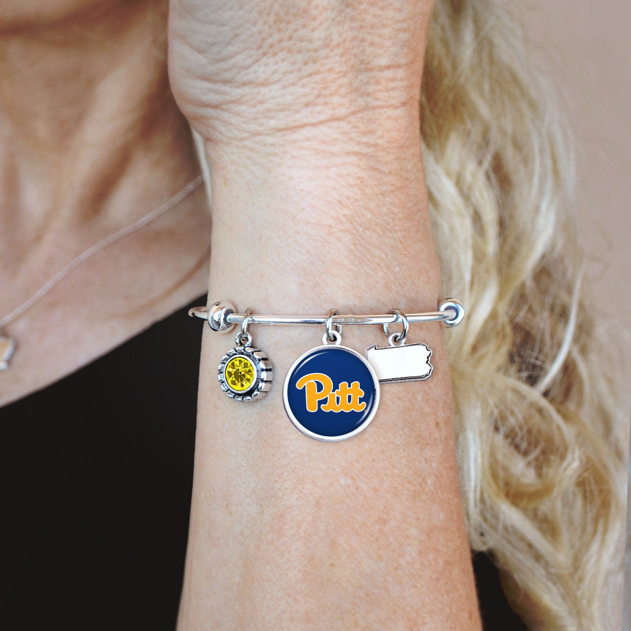 Officially Licensed PITTSBURGH PANTHERS PITT Bracelet - Triple Charm Bracelet with Crystal Pennsylvania State Pewter Charms Sterling Plated