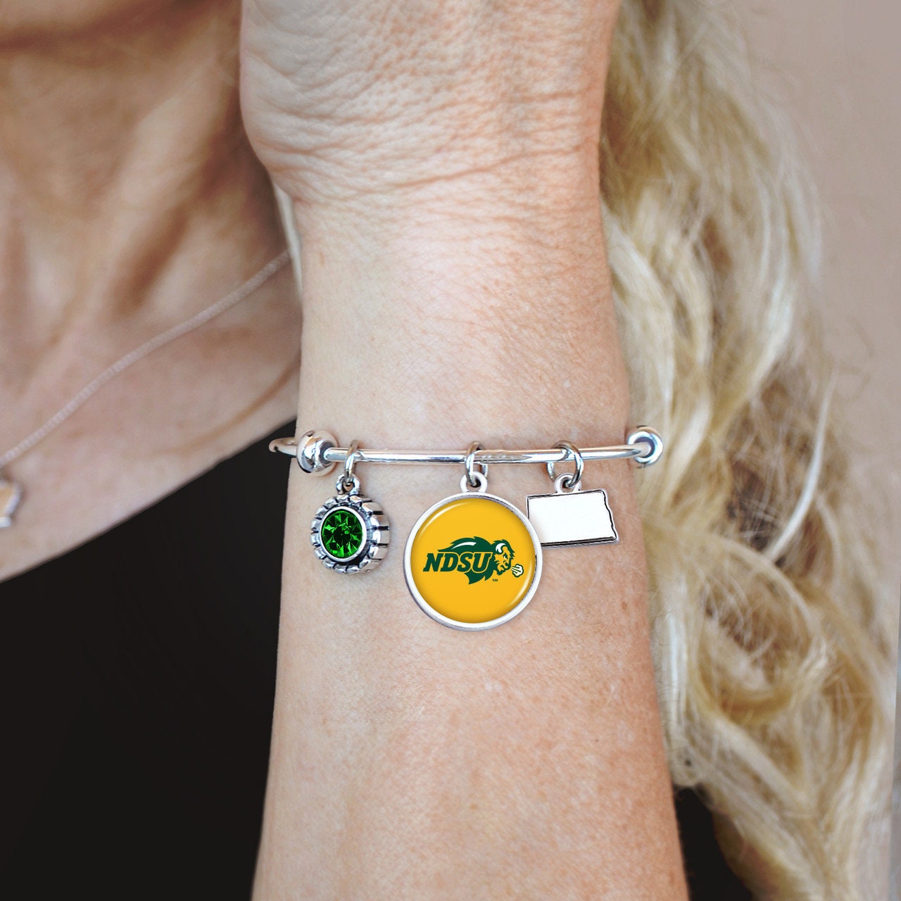 Officially Licensed NORTH DAKOTA STATE Bison Bracelet - Triple Charm Bracelet with Crystal North Dakota State Pewter Charms Sterling Plated