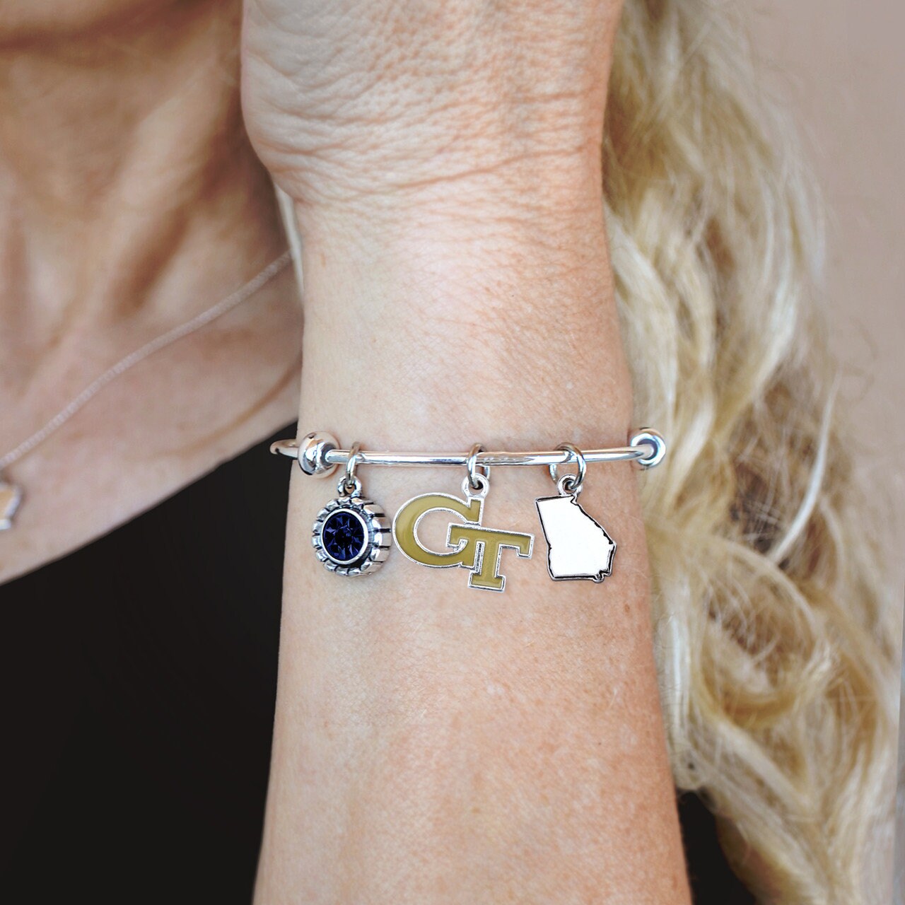 Officially Licensed GEORGIA TECH Yellow Jackets Bracelet - Triple Charm Bracelet with Crystal Georgia State Pewter Charms Sterling Plated