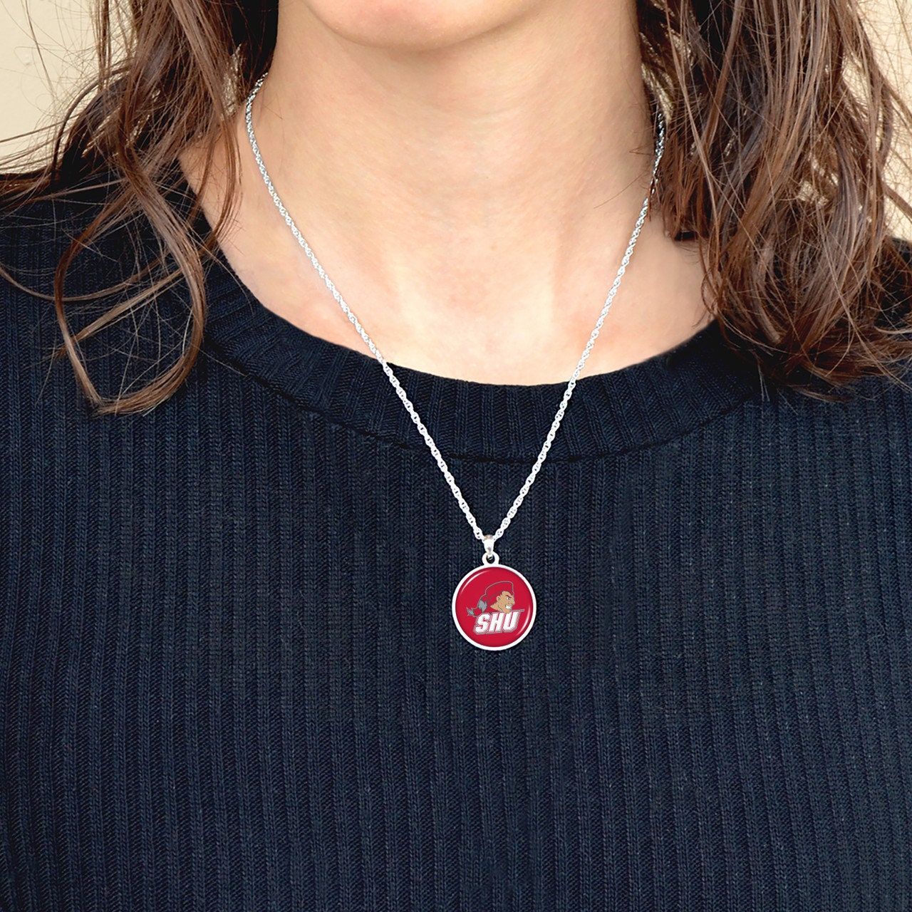 Officially Licensed SACRED HEART PIONEERS Necklace - Pewter Charm Sterling Plated - Sacred Heart University
