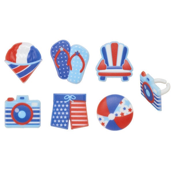 12 Summer Fun Cupcake Rings - Independence Day July 4th Patriotic Cake Toppers for Birthday Party Decoration Celebration Craft Supply