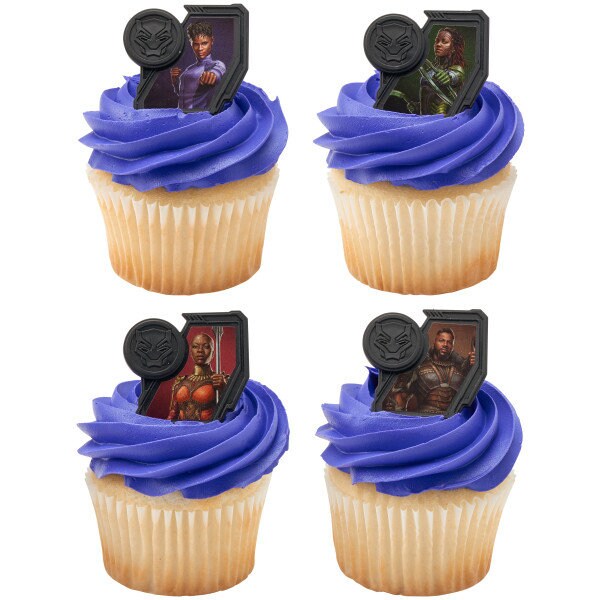 12 BLACK PANTHER Wakanda Forever Cupcake Rings - Marvel Comics Black Panther Cake Toppers for Birthday Party Decoration Craft Supply