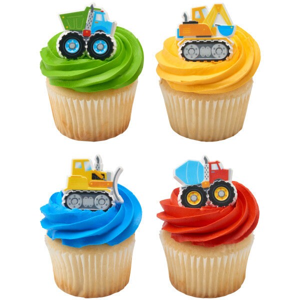 12 Construction Trucks Cupcake Rings - Bulldozer Dozer Dump Truck Construction Cake Toppers for Birthday Party Decoration Craft Supply