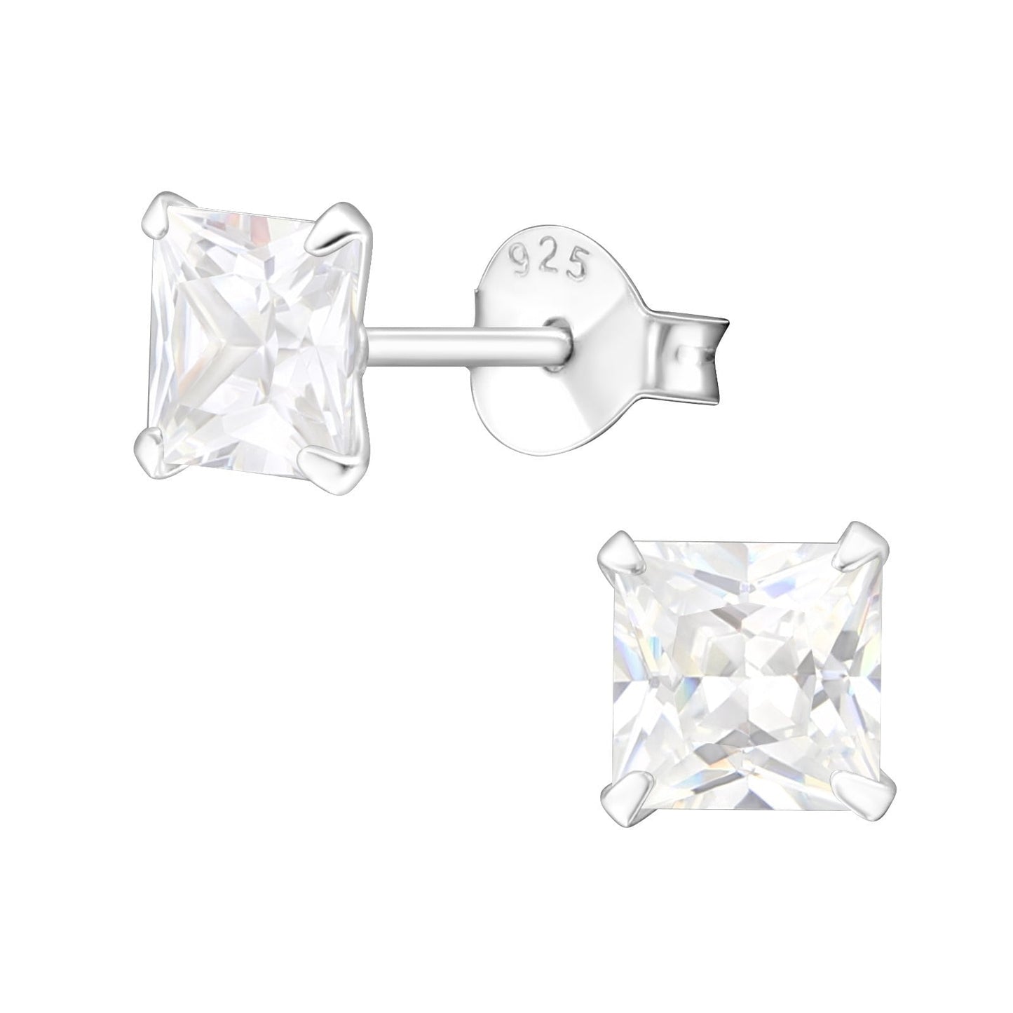 925 Sterling Silver Earrings Diamond Stud Earrings - 5mm - Cubic Zirconia - Square Diamond Stud with Backing - Hypoallergenic Earrings