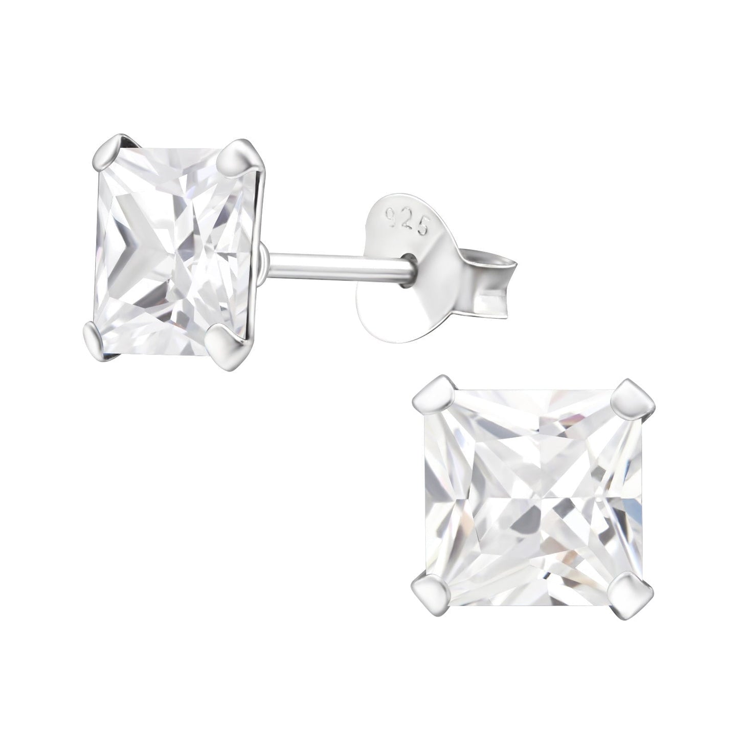 925 Sterling Silver Earrings Diamond Stud Earrings - 6mm - Cubic Zirconia - Square Diamond Stud with Backing - Hypoallergenic Earrings
