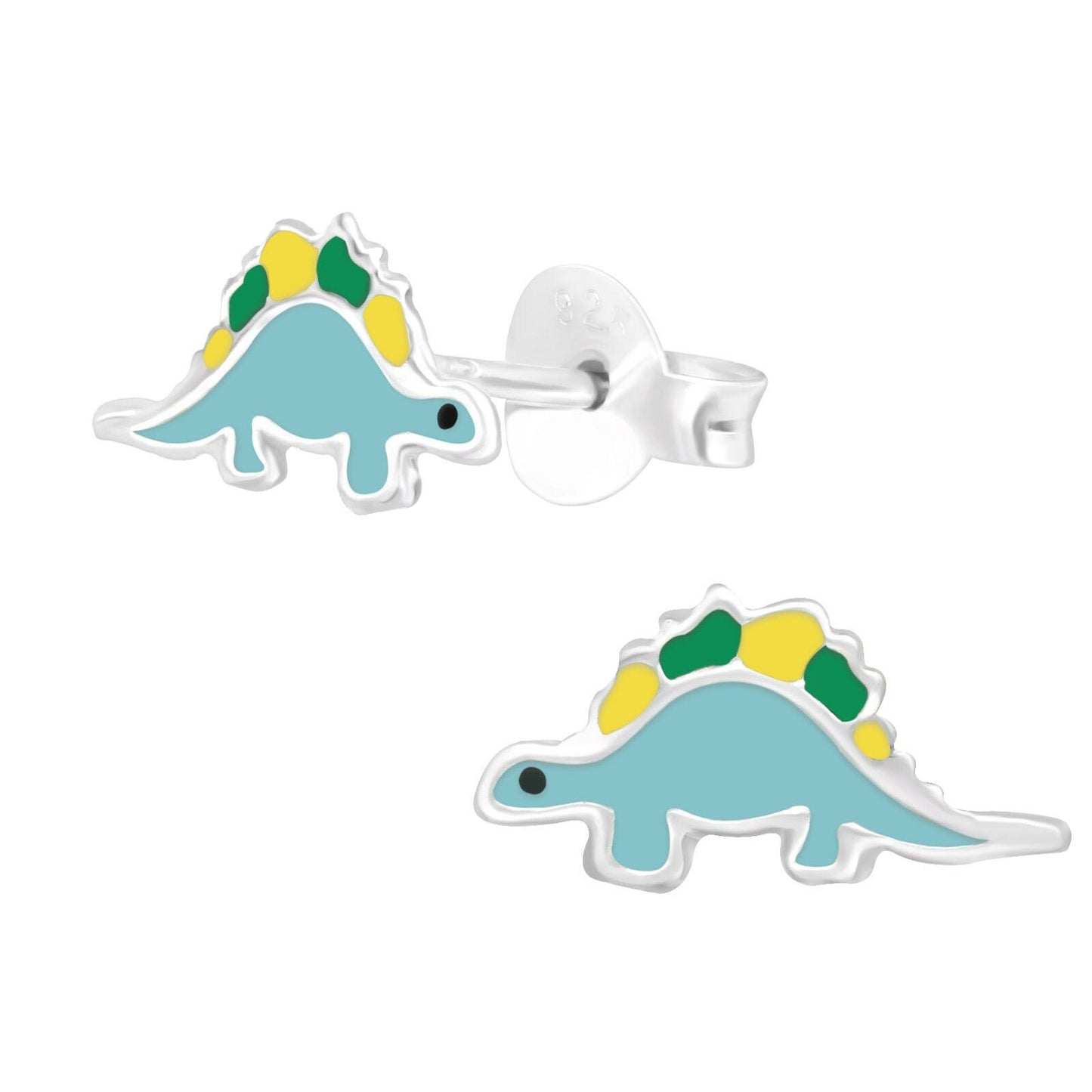 925 Sterling Silver Earrings Stegosaurus Dinosaur - Ear Studs with Backing - Epoxy - Blue Stegosaurus Dinosaur - Hypoallergenic Earrings