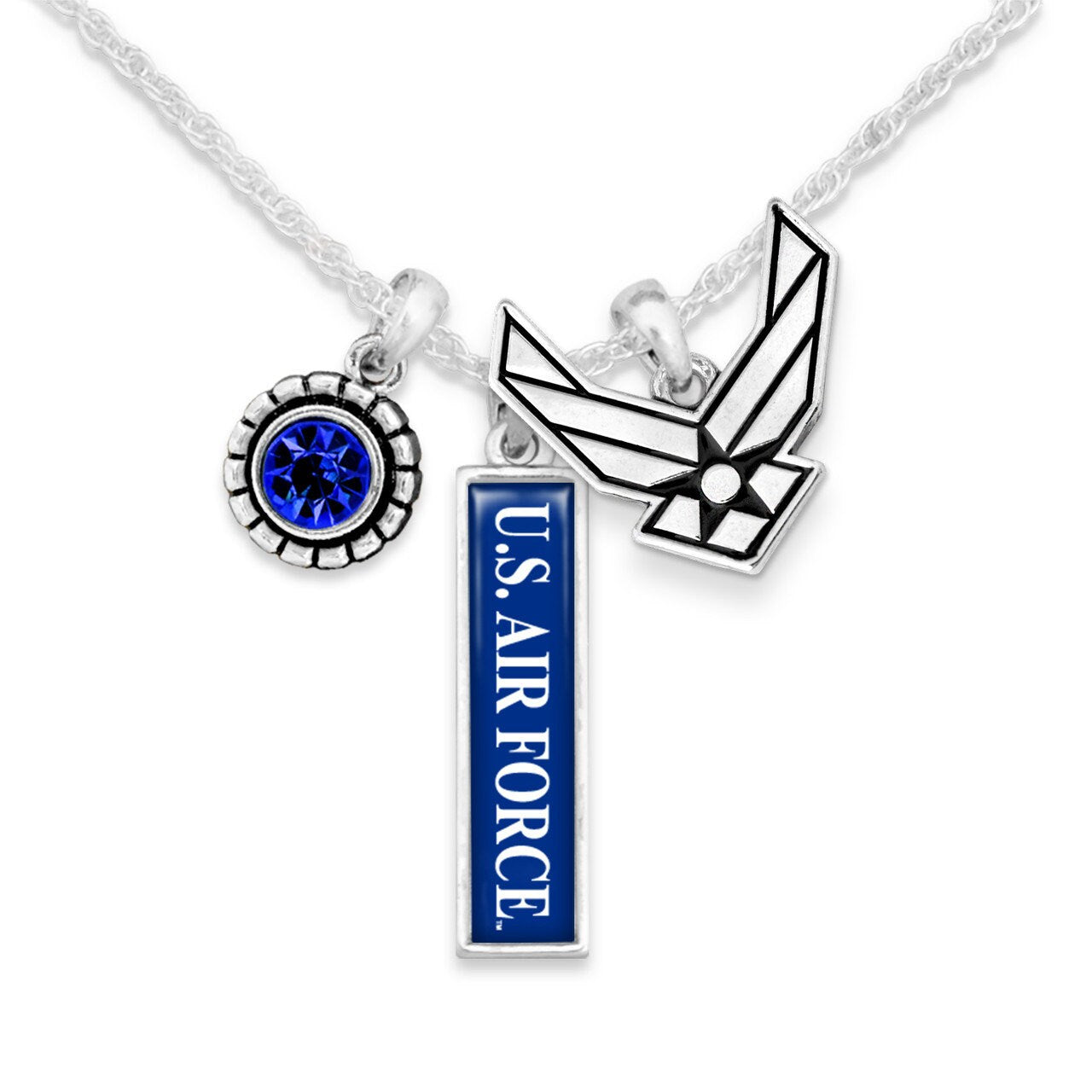 Officially Licensed U.S. AIR FORCE Necklace - Triple Charm Vertical USAF Air Force Necklace with Crystal and Pewter Charms Sterling Plated