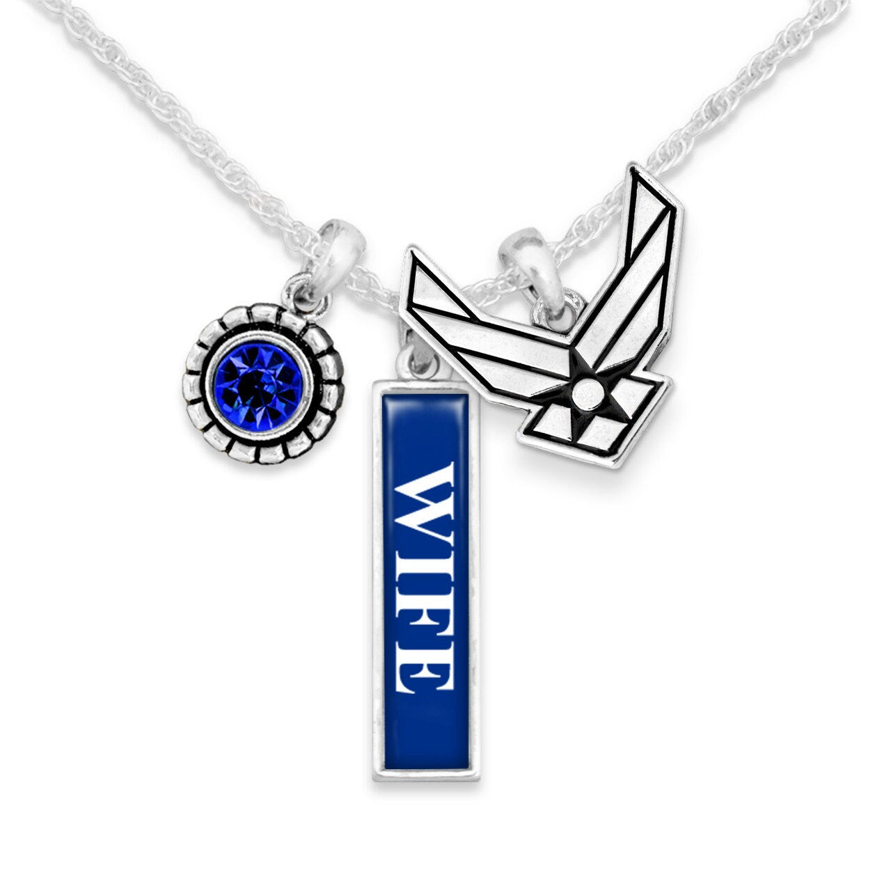 Officially Licensed U.S. AIR FORCE Wife Necklace - Triple Charm Vertical USAF Wife Necklace with Crystal and Pewter Charms Sterling Plated