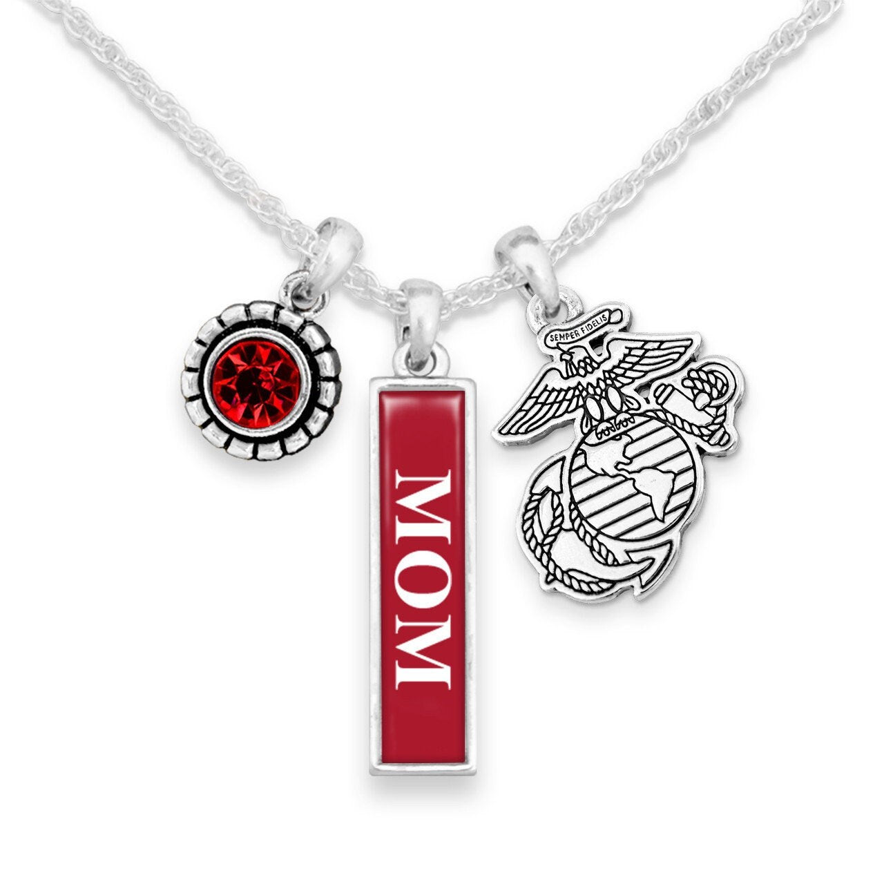 Officially Licensed U.S. MARINES Mom Necklace - Triple Charm Vertical USMC Mom Necklace with Crystal and Pewter Charms Sterling Plated