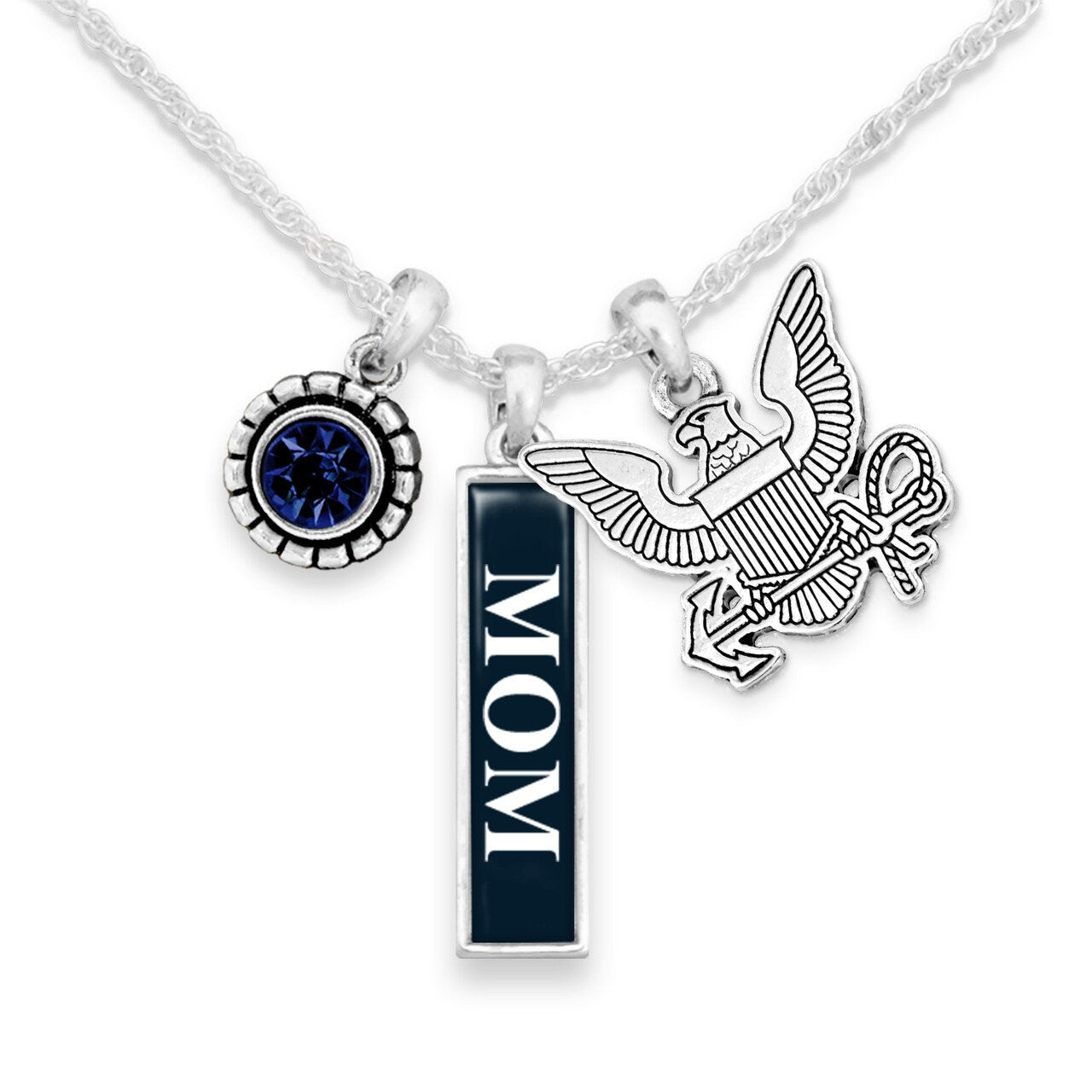 Officially Licensed U.S. NAVY Mom Necklace - Triple Charm Vertical USN Mom Necklace with Crystal and Pewter Charms Sterling Plated