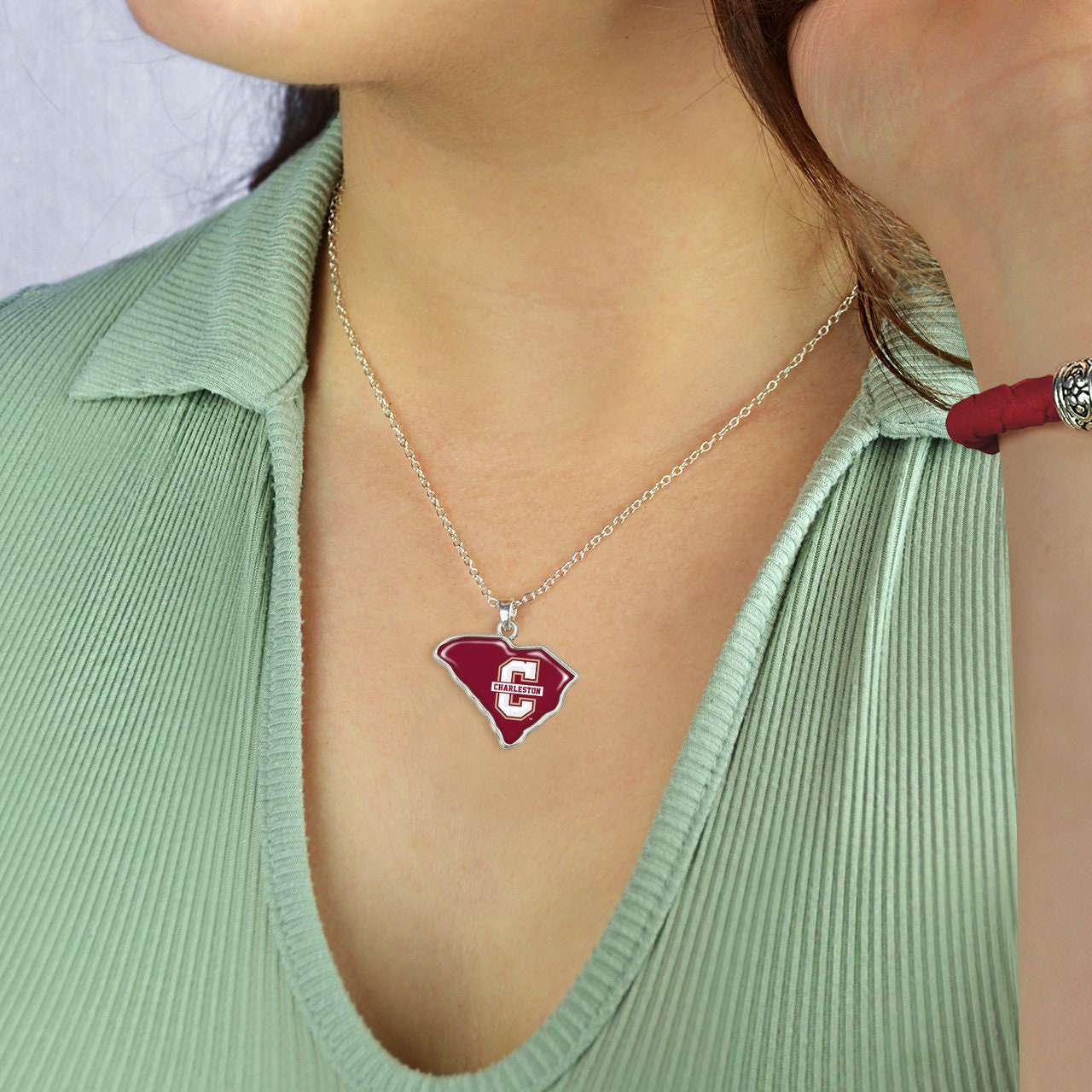 Officially Licensed CHARLESTON Cougars Necklace - State of Mine Logo Pewter Charm Sterling Plated - College of Charleston