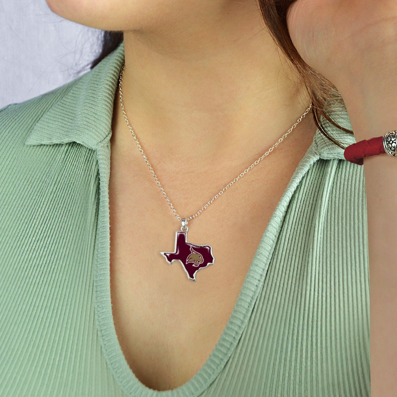 Officially Licensed TEXAS STATE Bobcats Necklace - State of Mine Logo Pewter Charm Sterling Plated - Texas State University