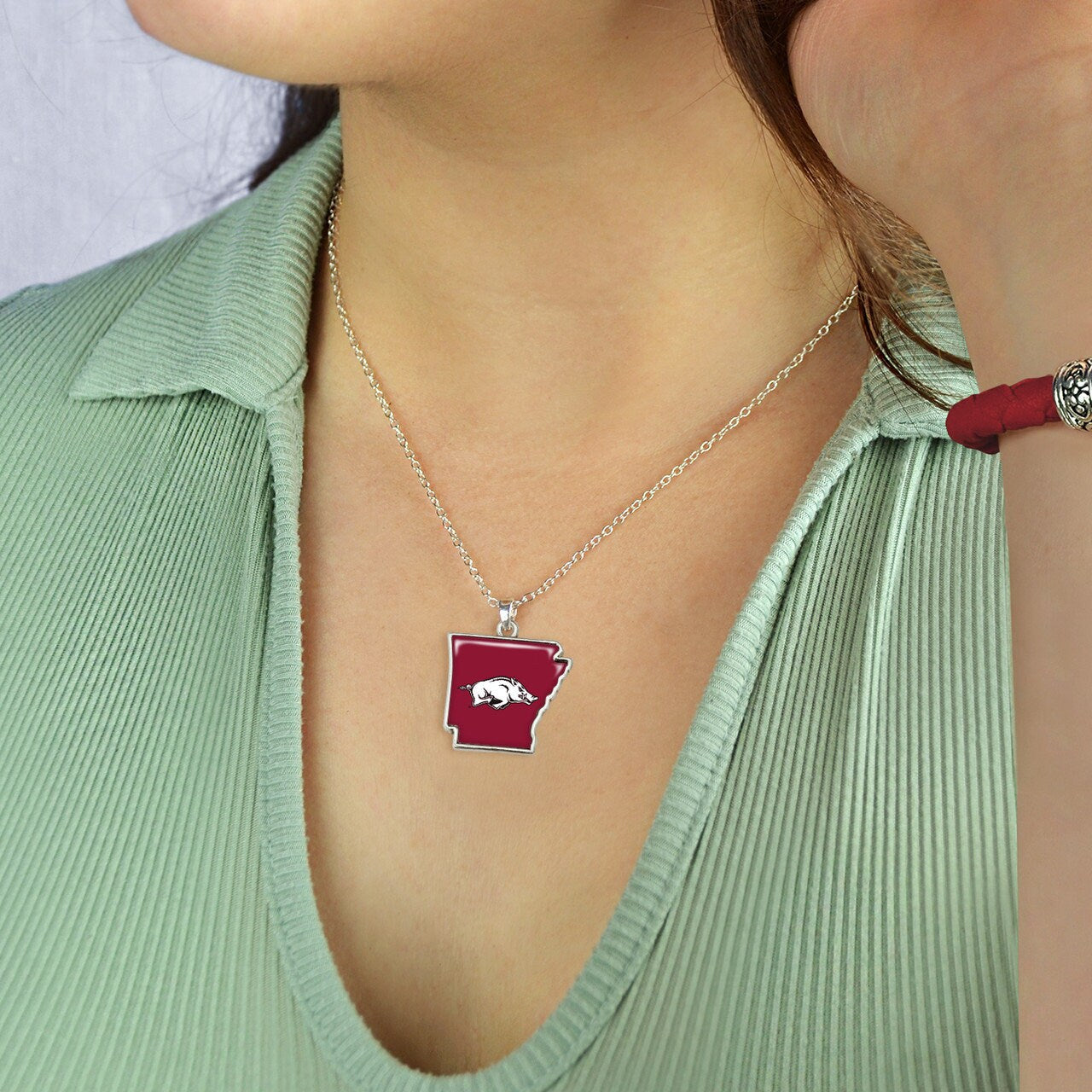 Officially Licensed ARKANSAS Razorbacks Necklace - State of Mine Logo Pewter Charm Sterling Plated - University of Arkansas