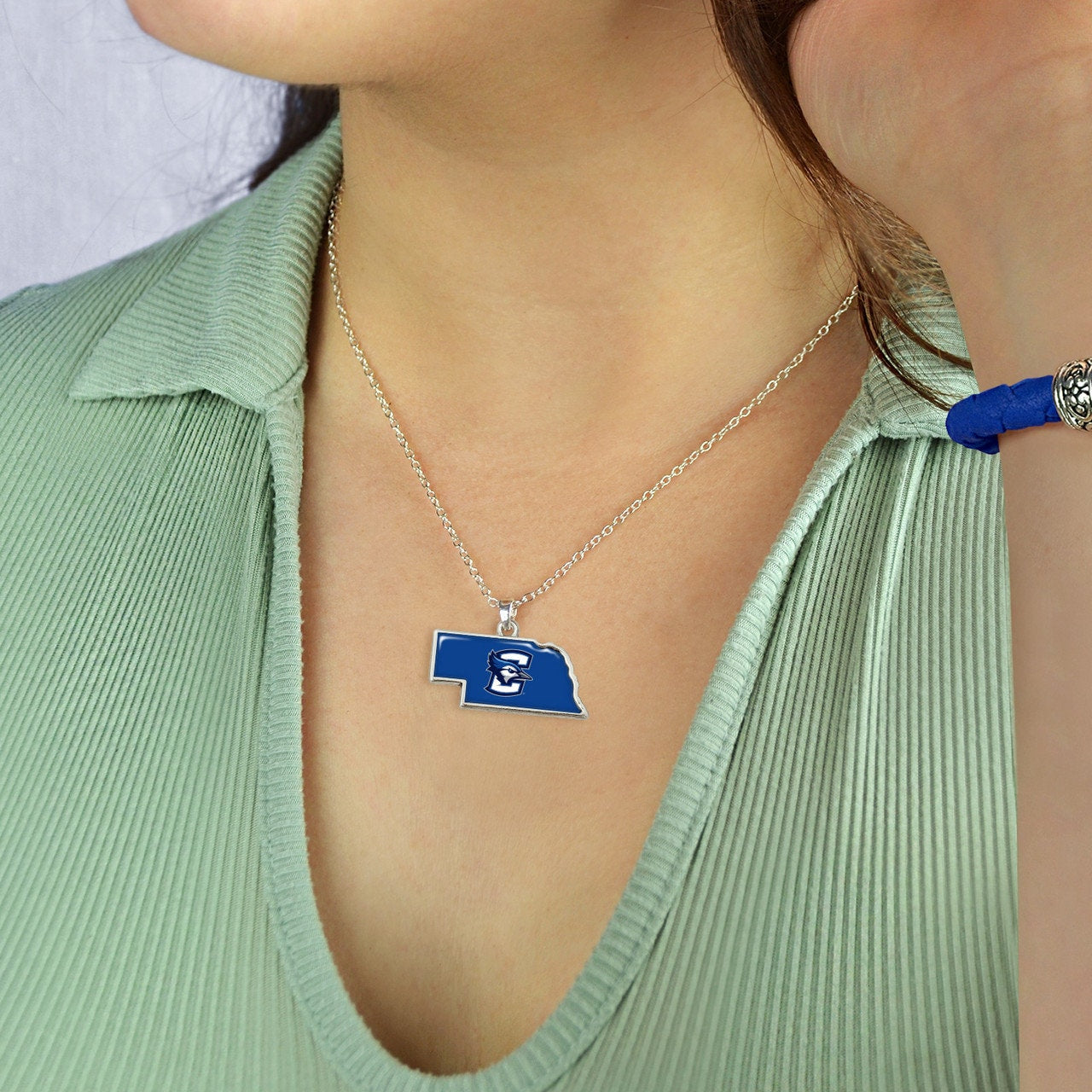 Officially Licensed CREIGHTON Bluejays Necklace - State of Mine Logo Pewter Charm Sterling Plated - Creighton University