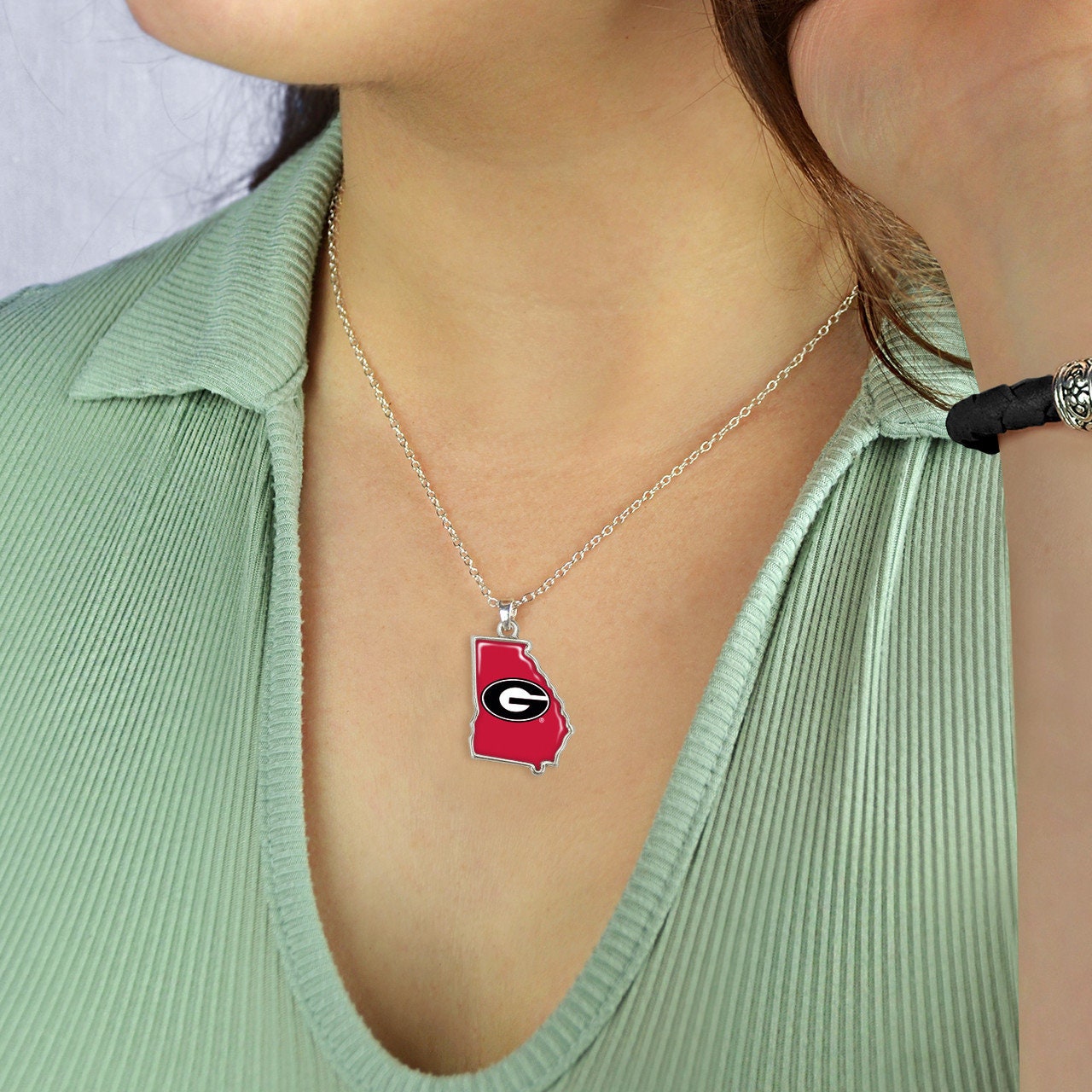 Officially Licensed GEORGIA BULLDOGS Necklace - State of Mine Logo Pewter Charm Sterling Plated - University of Georgia