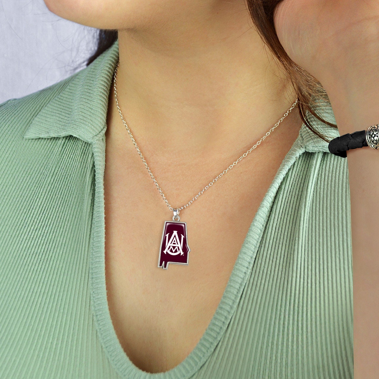 Officially Licensed ALABAMA A&M Bulldogs Necklace - State of Mine Logo Pewter Charm Sterling Plated - Alabama Agricultural Mechanical Univ