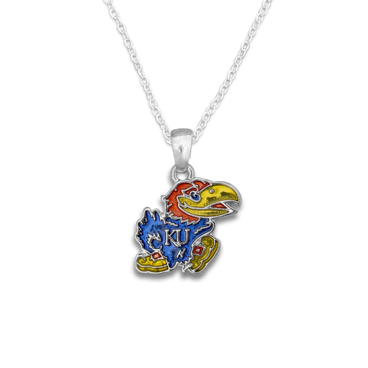 Officially Licensed KANSAS JAYHAWKS Necklace - Logo Pewter Charm Sterling Plated - University of Kansas Jayhawks