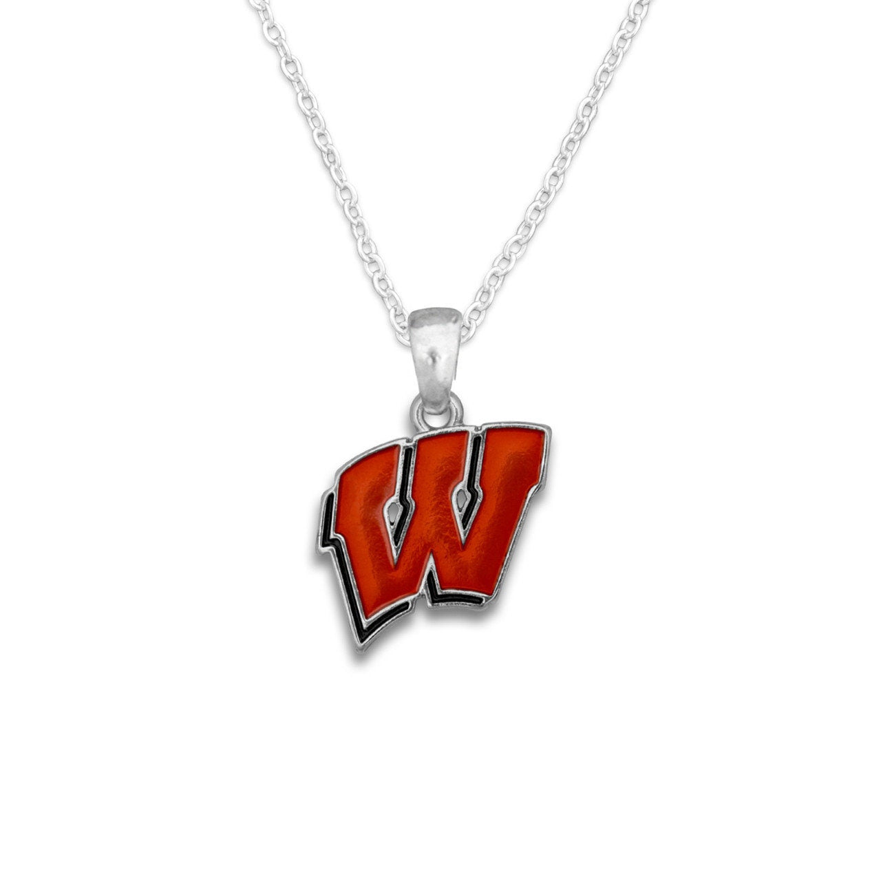 Officially Licensed WISCONSIN BADGERS Necklace - Logo Pewter Charm Sterling Plated - University of Wisconsin Badgers