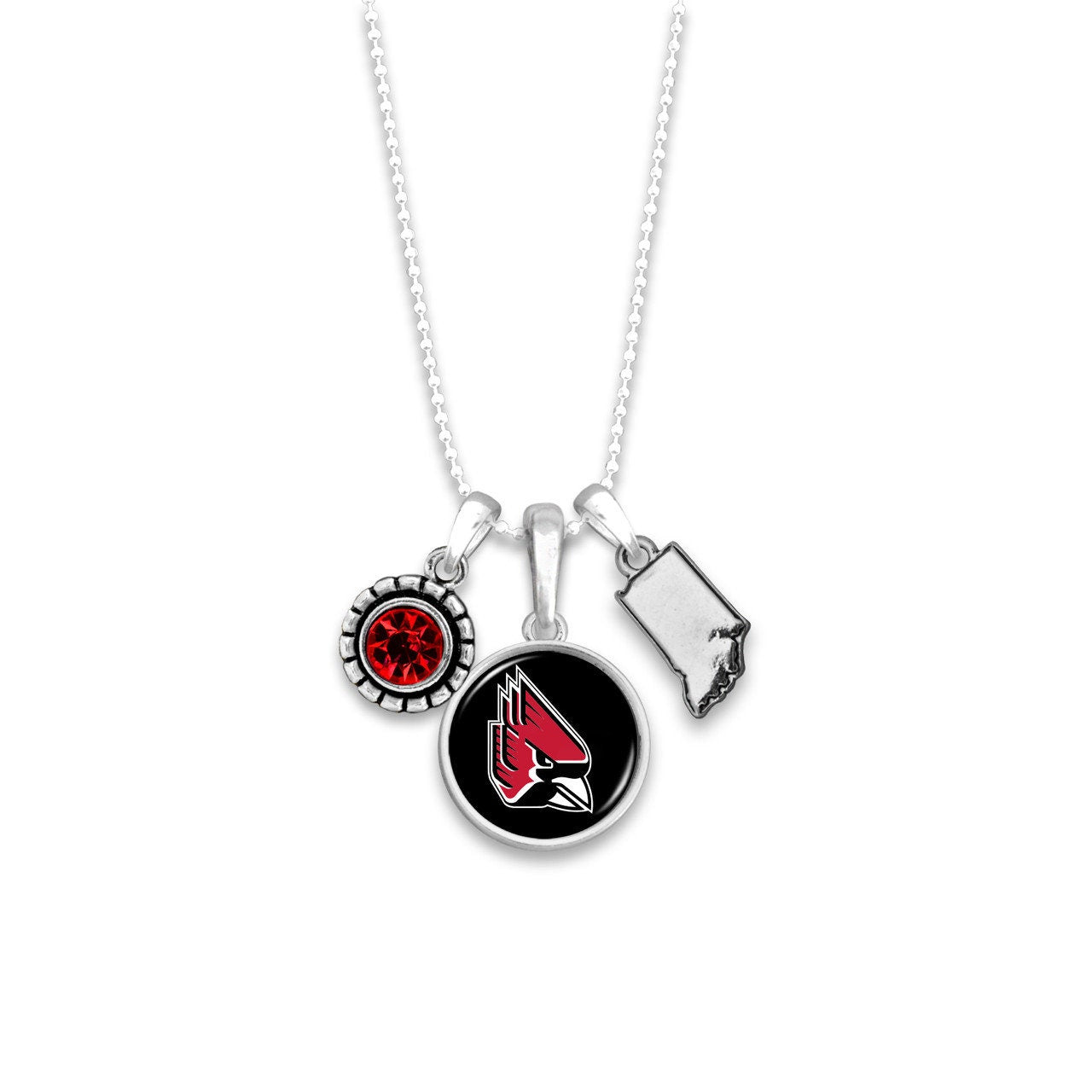 Officially Licensed BALL STATE CARDINALS Necklace - Triple Charm Necklace with Crystal and Indiana State Pewter Charms Sterling Plated
