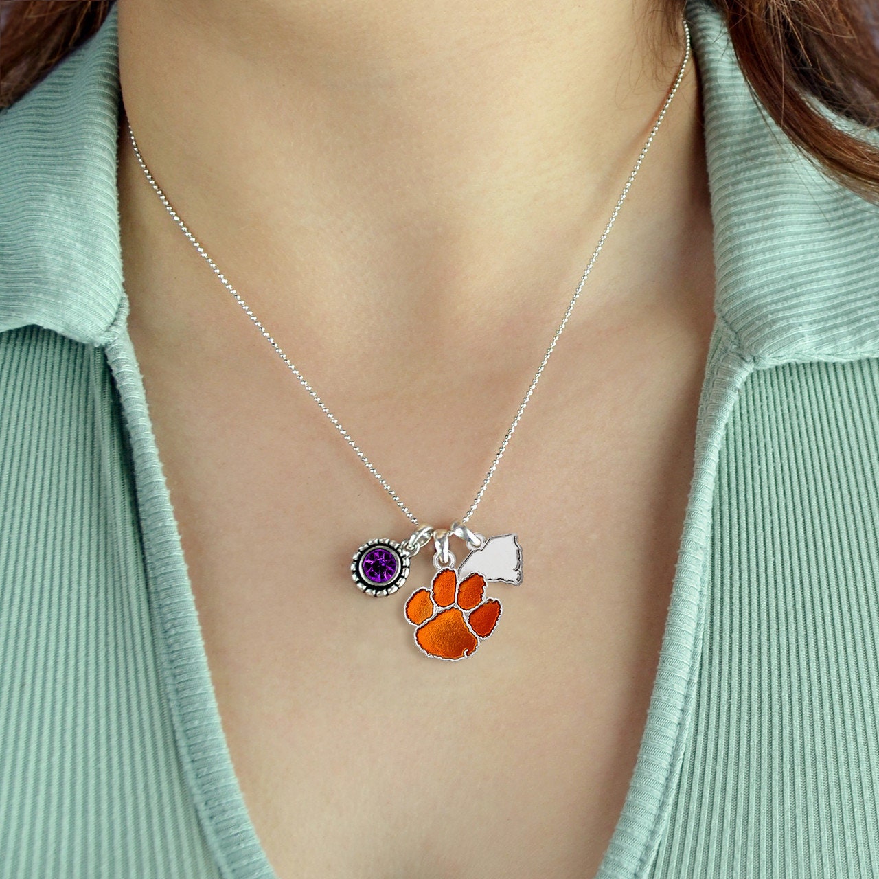 Officially Licensed CLEMSON TIGERS Necklace - Triple Charm Necklace with Crystal and South Carolina State Pewter Charms Sterling Plated