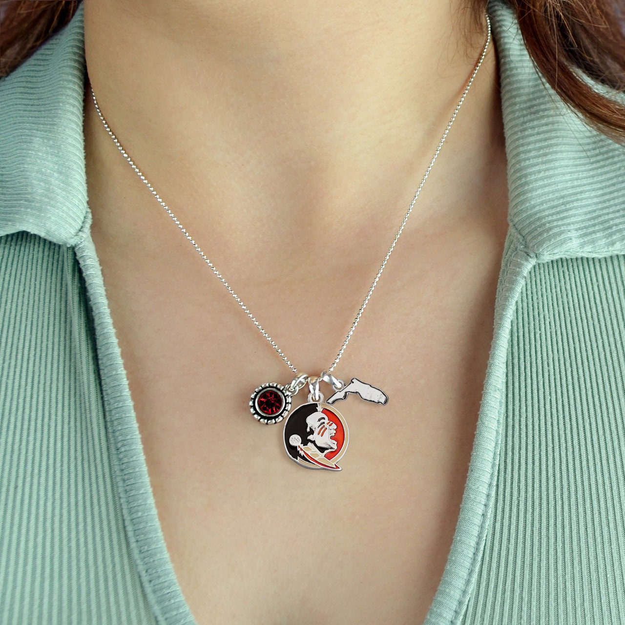 Officially Licensed FLORIDA STATE SEMINOLES Necklace - Triple Charm Necklace with Crystal and Florida State Pewter Charms Sterling Plated