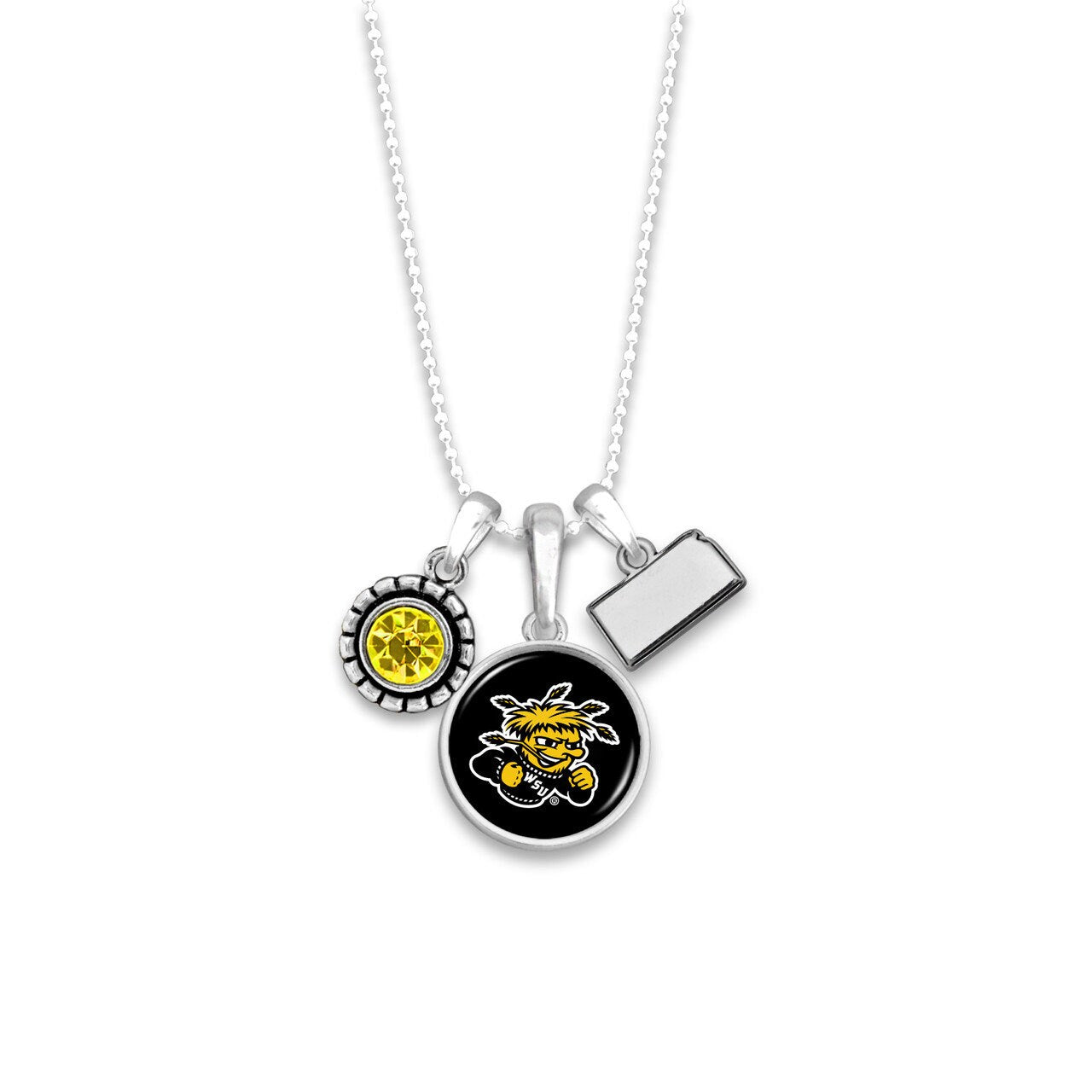 Officially Licensed WICHITA STATE SHOCKERS Necklace - Triple Charm Necklace with Crystal and Kansas State Pewter Charms Sterling Plated