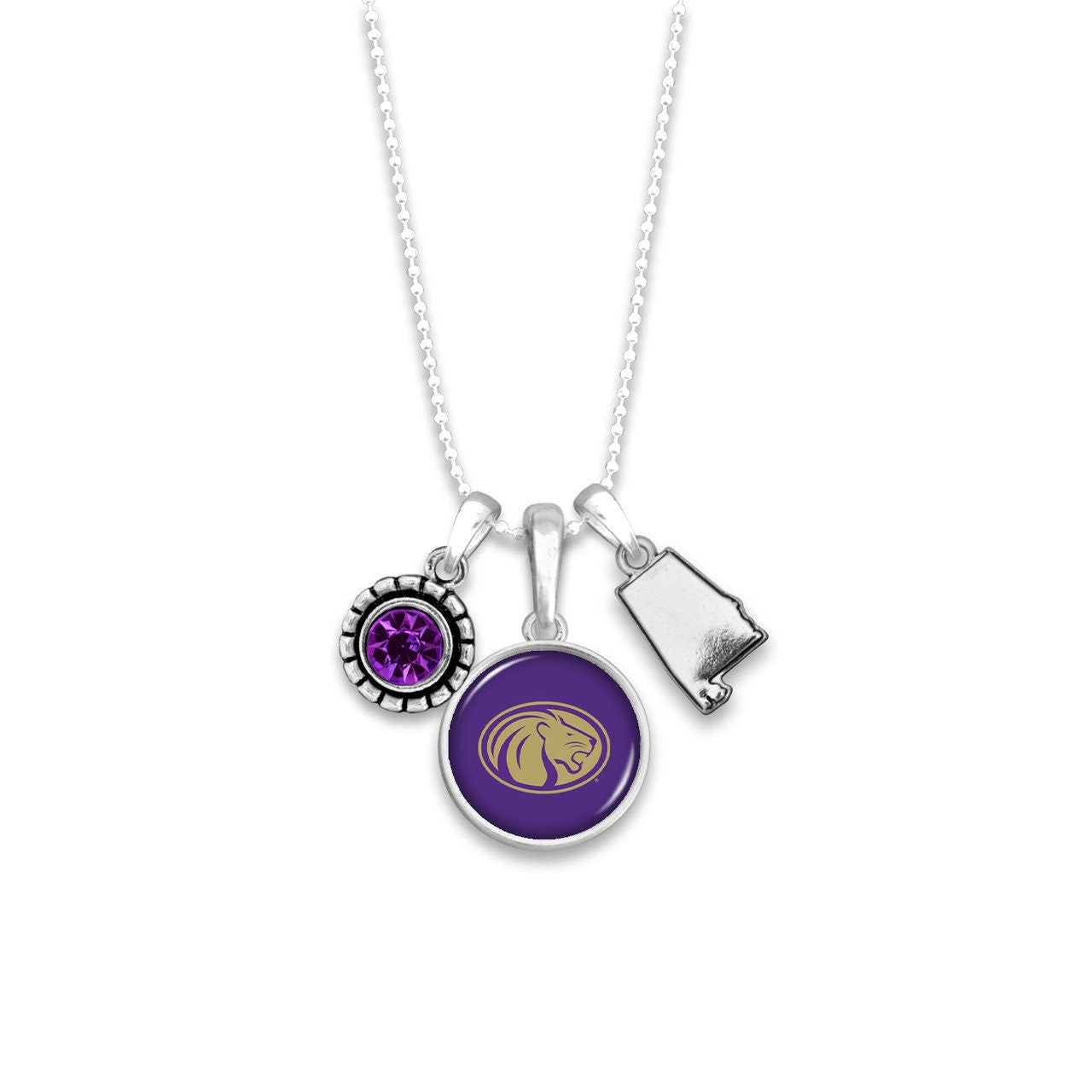 Officially Licensed NORTH ALABAMA LIONS Necklace - Triple Charm Necklace with Crystal and Alabama State Pewter Charms Sterling Plated