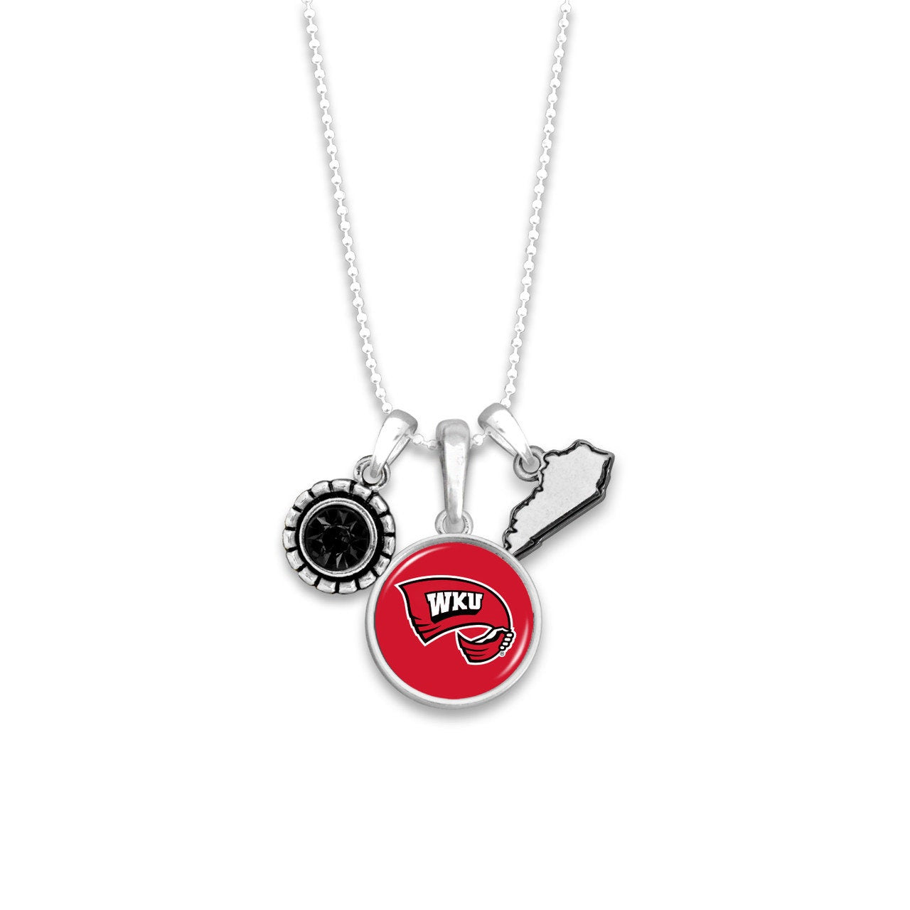 Officially Licensed WESTERN KENTUCKY HILLTOPPERS Necklace - Triple Charm Necklace with Crystal Kentucky State Pewter Charms Sterling Plated