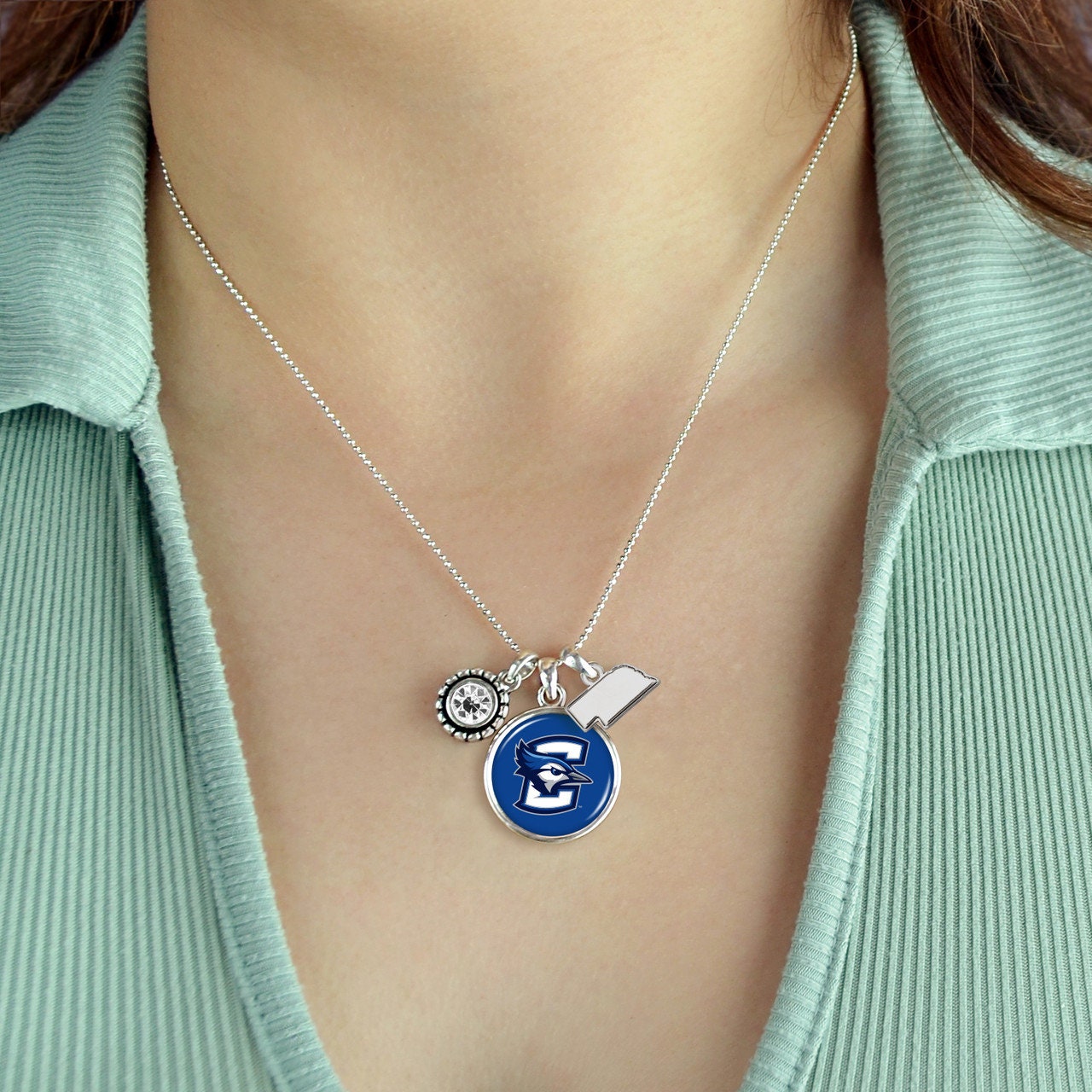 Officially Licensed CREIGHTON BLUEJAYS Necklace - Triple Charm Necklace with Crystal and Nebraska State Pewter Charms Sterling Plated