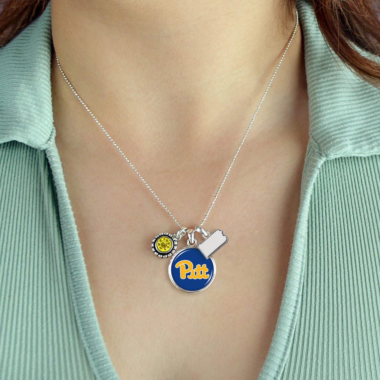 Officially Licensed PITTSBURGH PANTHERS PITT Necklace - Triple Charm Necklace with Crystal Pennsylvania State Pewter Charms Sterling Plated