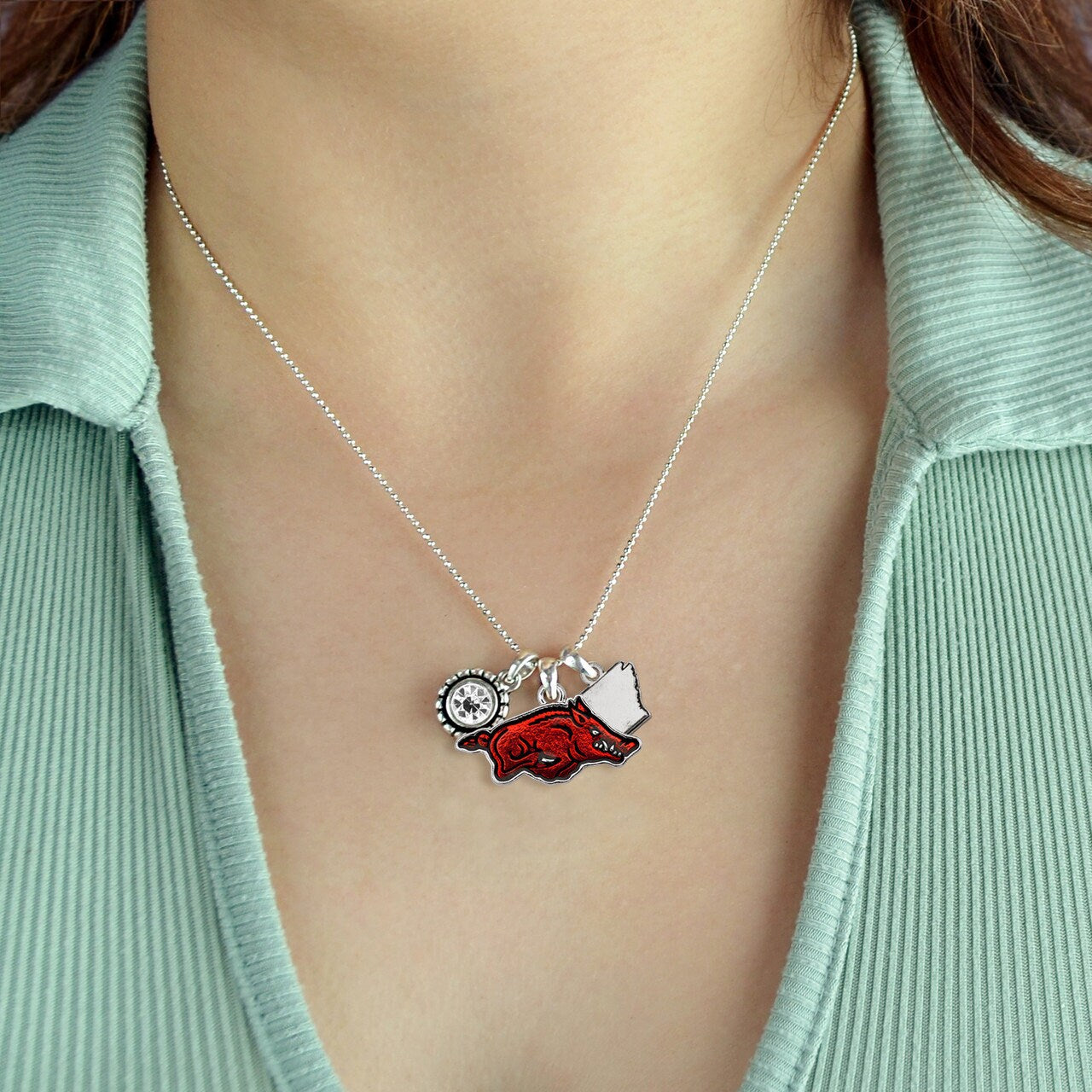Officially Licensed ARKANSAS RAZORBACKS Necklace - Triple Charm Necklace with Crystal Arkansas State Pewter Charms Sterling Plated