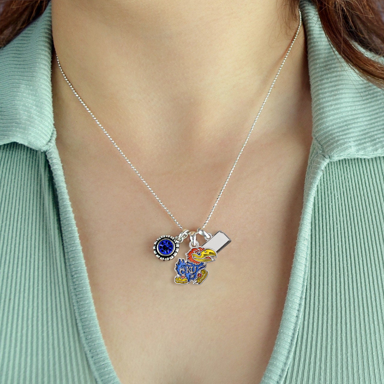 Officially Licensed KANSAS JAYHAWKS Necklace - Triple Charm Necklace with Crystal Kansas State Pewter Charms Sterling Plated