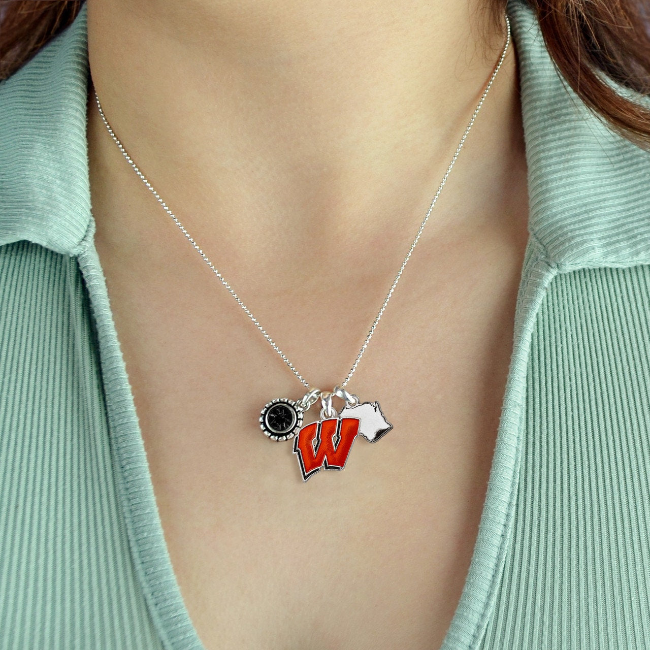 Officially Licensed WISCONSIN BADGERS Necklace - Triple Charm Necklace with Crystal Wisconsin State Pewter Charms Sterling Plated