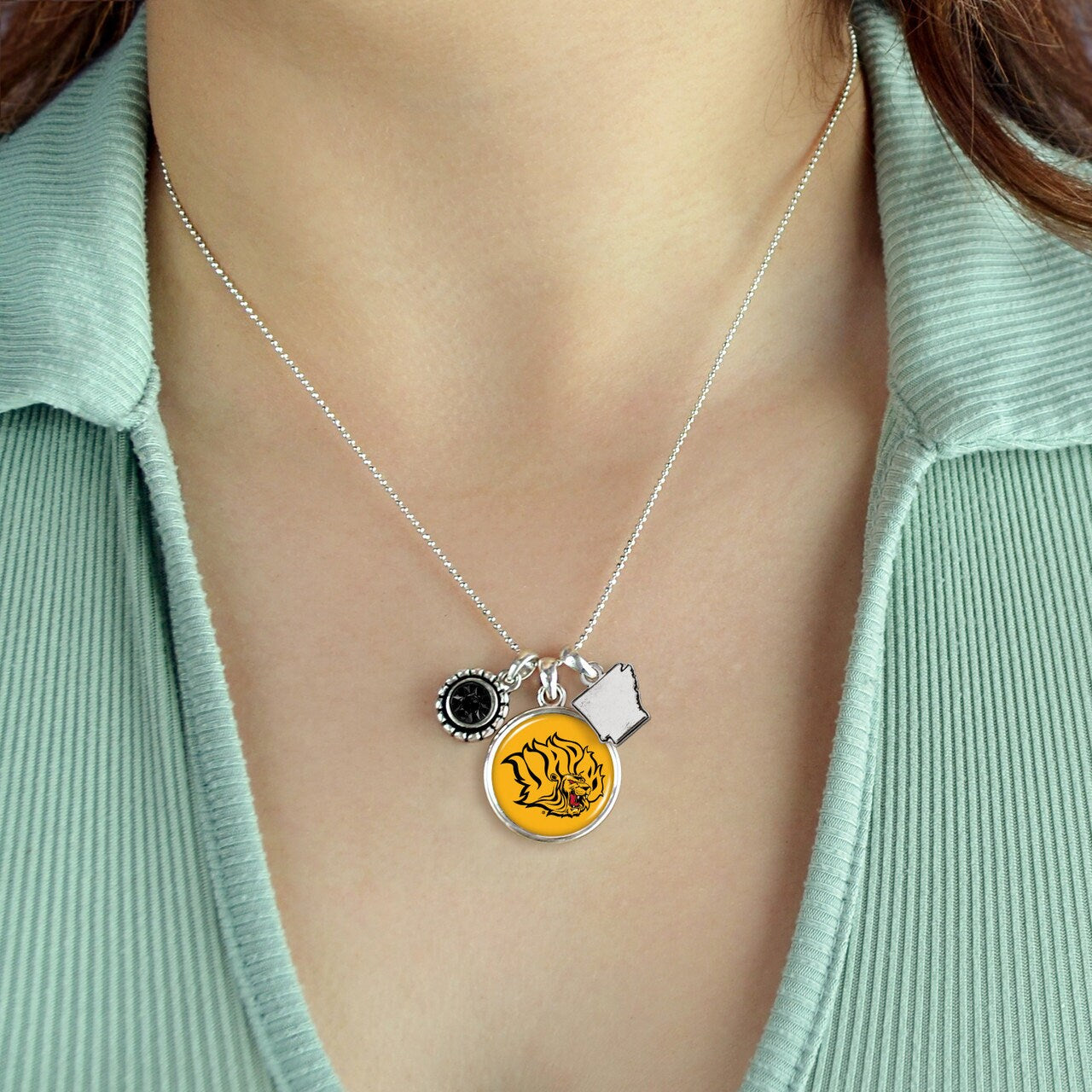 Officially Licensed ARKANSAS PINE BLUFF Necklace - Triple Charm Necklace with Crystal Arkansas State Pewter Charms Sterling Plated