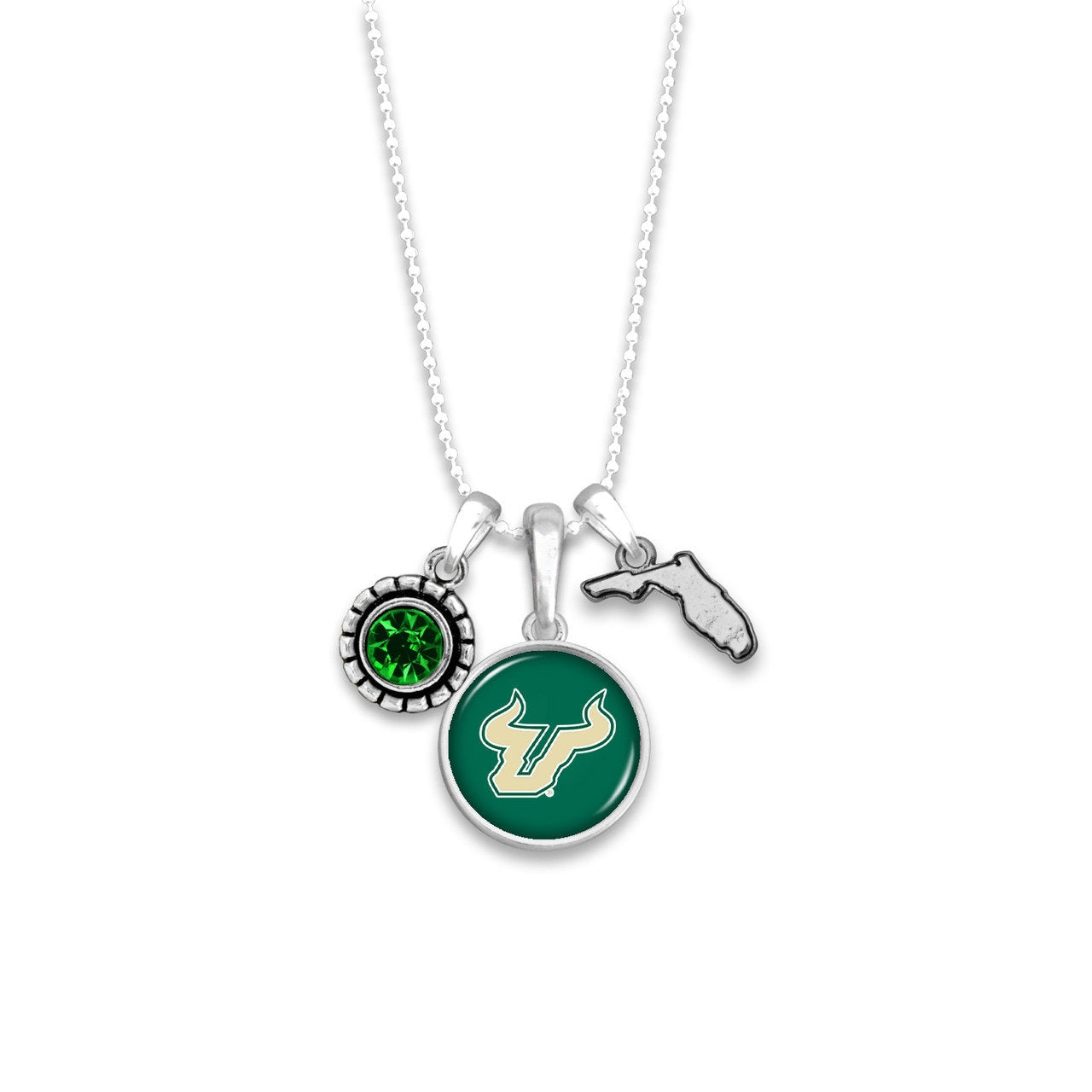 Officially Licensed SOUTH FLORIDA BULLS Necklace - Triple Charm Necklace with Crystal Florida State Pewter Charms Sterling Plated
