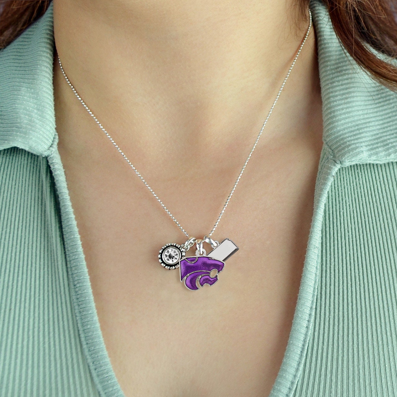 Officially Licensed KANSAS STATE WILDCATS Necklace - Triple Charm Necklace with Crystal Kansas State Pewter Charms Sterling Plated