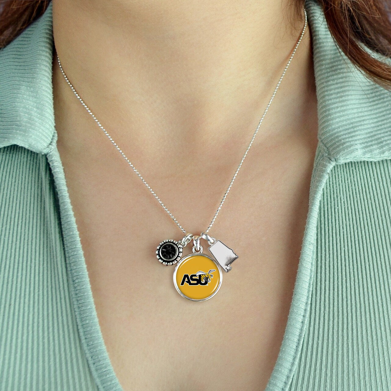 Officially Licensed ALABAMA STATE HORNETS Necklace - Triple Charm Necklace with Crystal Alabama State Pewter Charms Sterling Plated