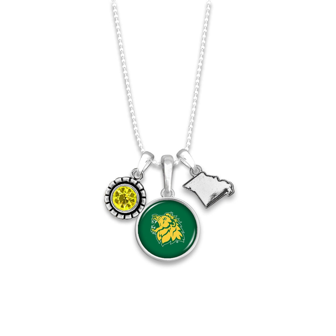 Officially Licensed MISSOURI SOUTHERN STATE Lions Necklace - Triple Charm Necklace with Crystal Missouri State Pewter Charms Sterling Plated