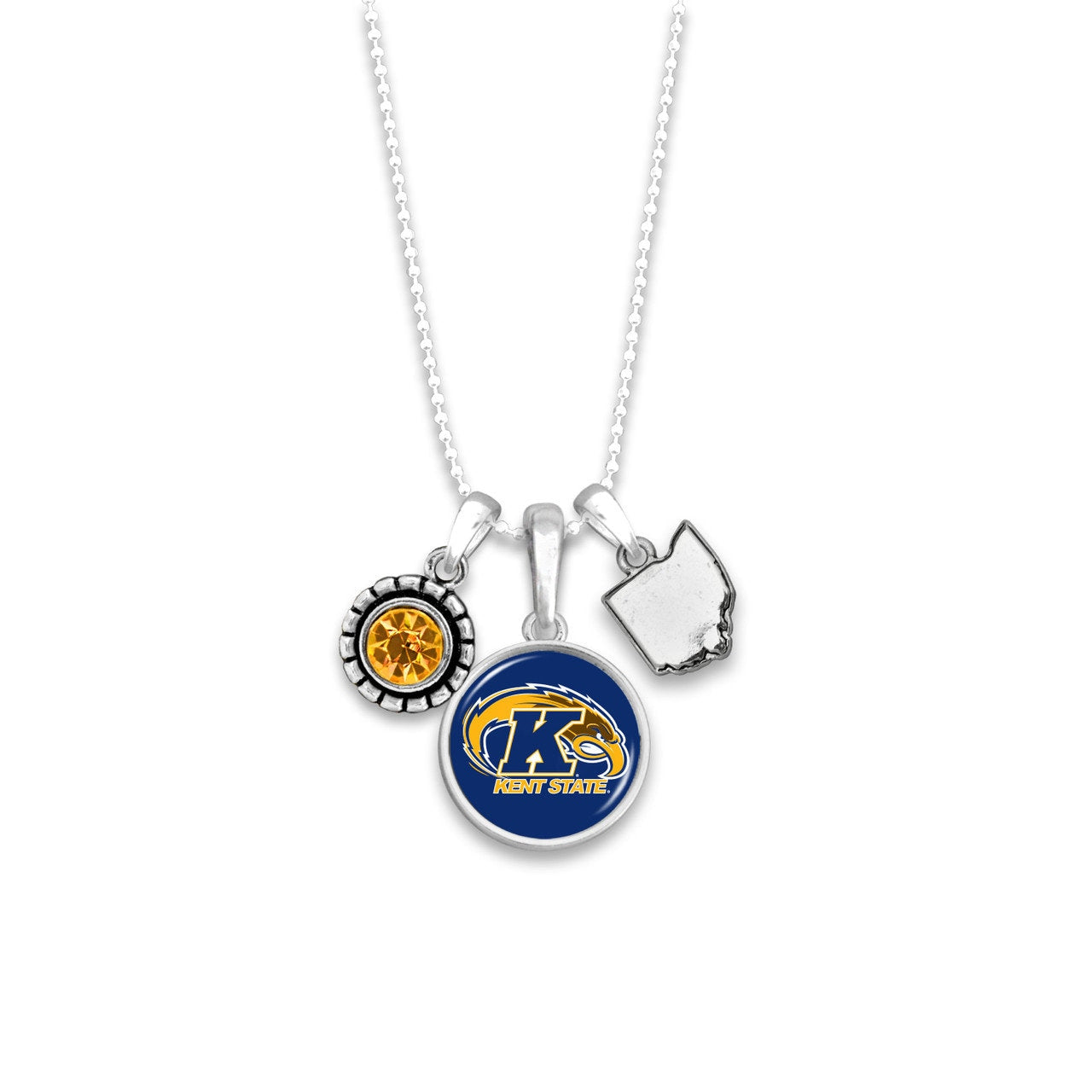 Officially Licensed KENT STATE Golden Flashes Necklace - Triple Charm Necklace with Crystal Ohio State Pewter Charms Sterling Plated